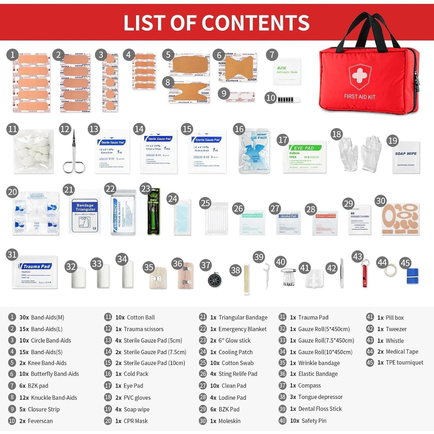 First Aid Kit - Trauma Kit with Essential Emergency Medical Supplies, Waterproof Travel First Aid Kit, Simple and Portable Emergency Kit for Home, Dorm, Outdoor, Car (Bright red)