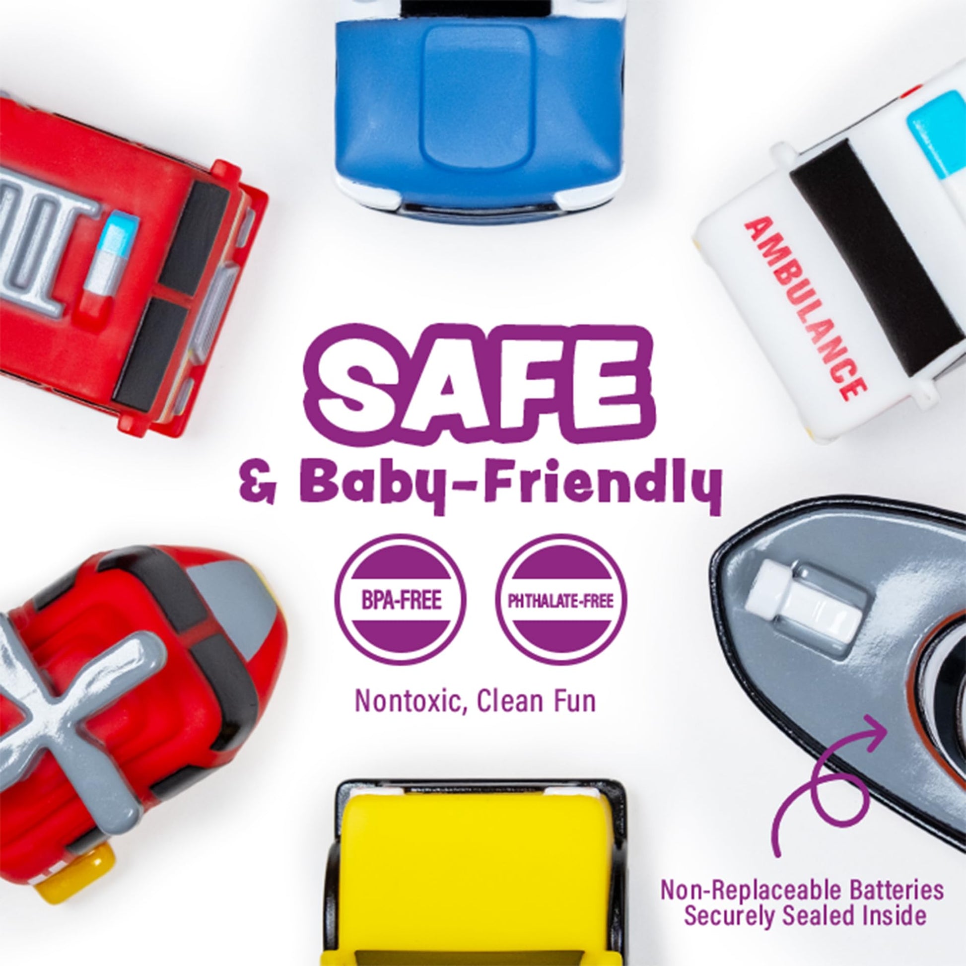 Tub Works® Emergency™ Cars Light Up Bath Toys, 6 Pack | Water-Activated Light Up Toys Flash & Change Color | Soft, Squeezable Baby & Toddler Bath Toys | Sensory Toys with Bath Lights for Kids Bath - Medaid International