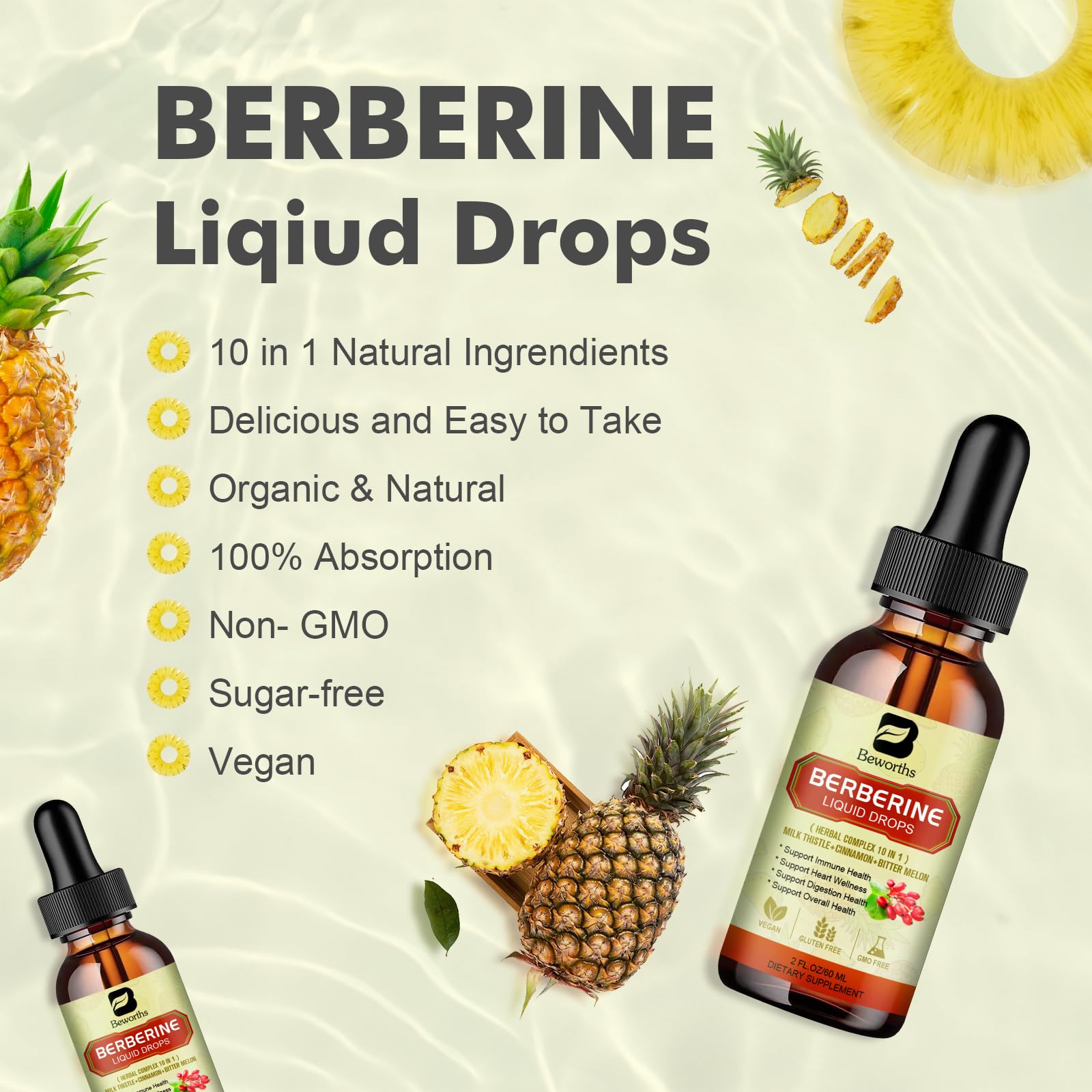 Berberine Supplement with Ceylon Cinnamon - Berberine Liquid Drops with Turmeric Curcumin, Ceylon Cinnamon, Bitter Melon, Berberine Phytosome for Digestion System, Immune Health Support -Vegetarian - Medaid International