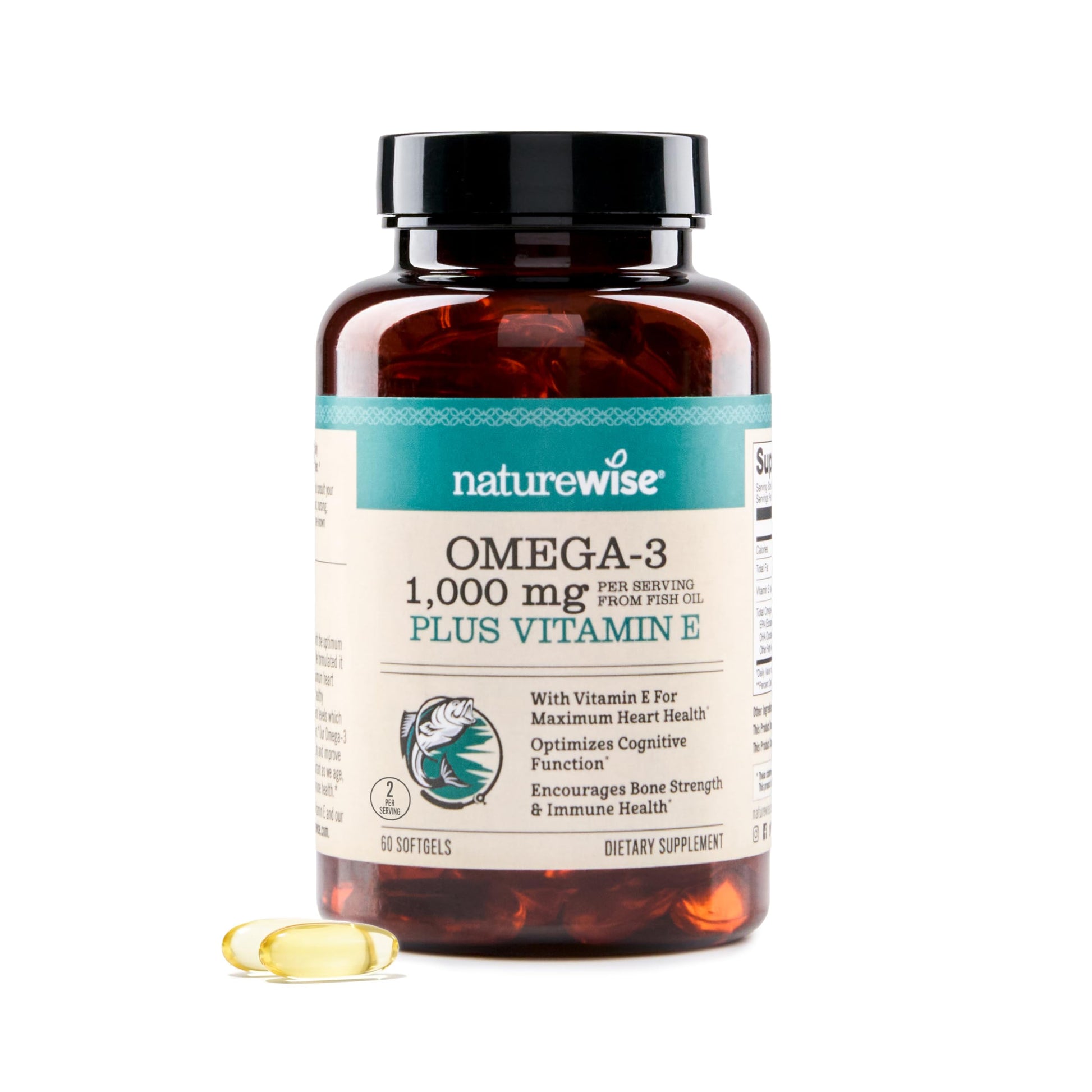 NatureWise Extra-Strength Omega 3 Fish Oil Supplement - 1000mg per Serving - 600 EPA & 400 DHA and Vitamin E - Support for Heart & Brain Health - Lemon Flavor, GMO-Free - 60 Softgels[1-Month Supply] - Medaid International