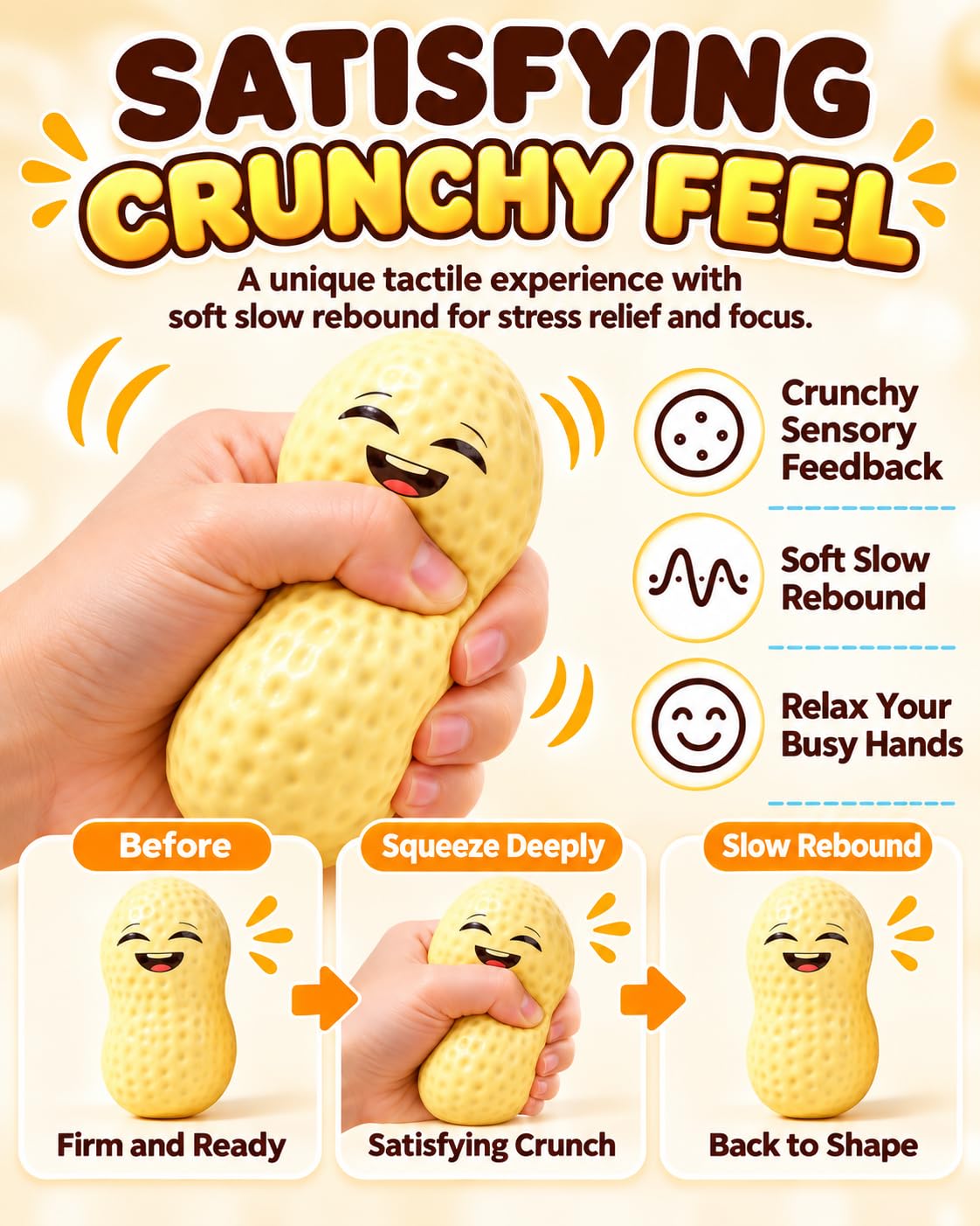 Peanut Stress-Relief Toys, Crunchy Peanut Squishy Sensory Fidget Toy