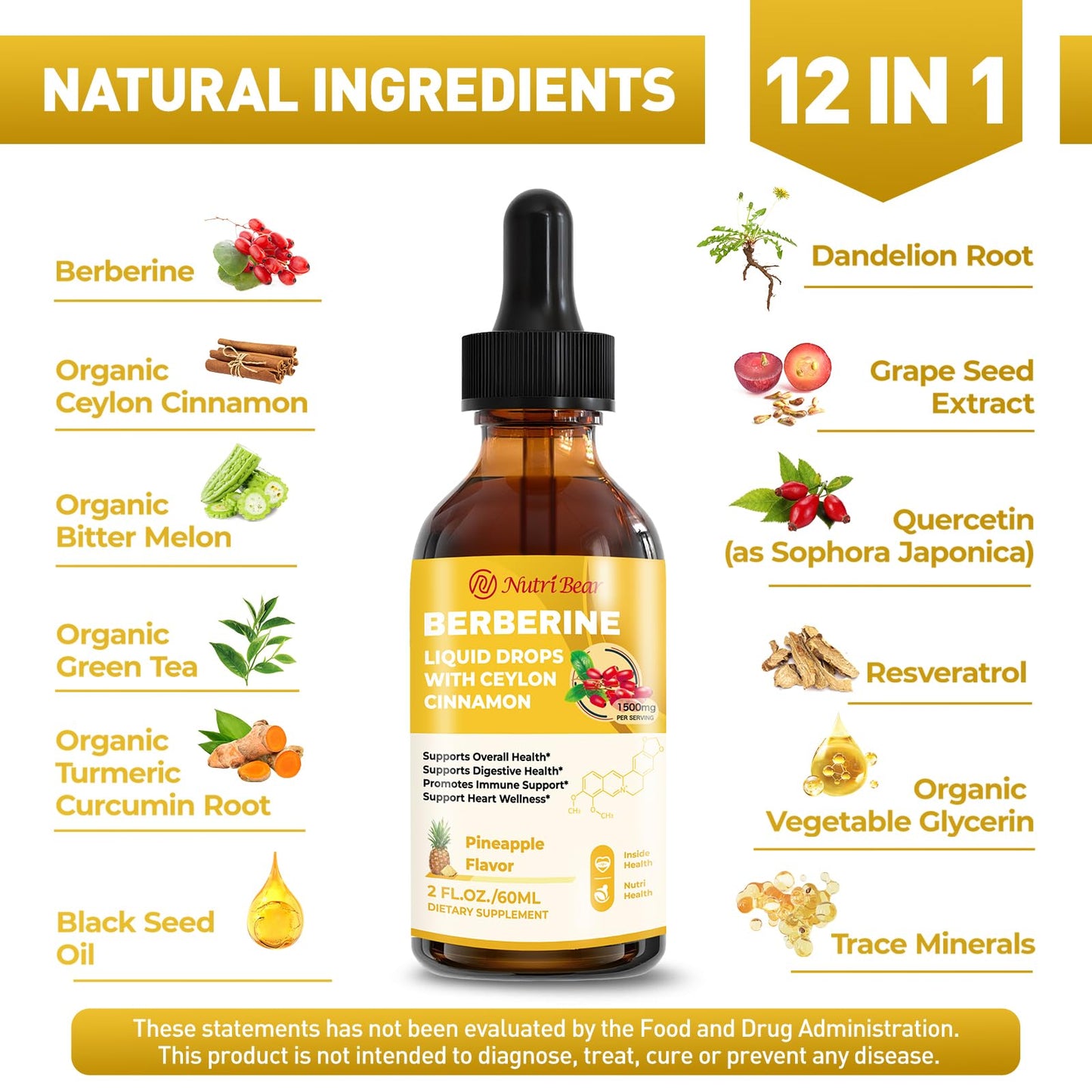 Berberine Supplement with Ceylon Cinnamon, Berberine HCL Liquid Drops with Turmeric, Bitter Melon, Quercetin, 10X Strength AMPK for Digestion System, Immune Health Support -Vegetarian, 2 fl oz - Medaid International