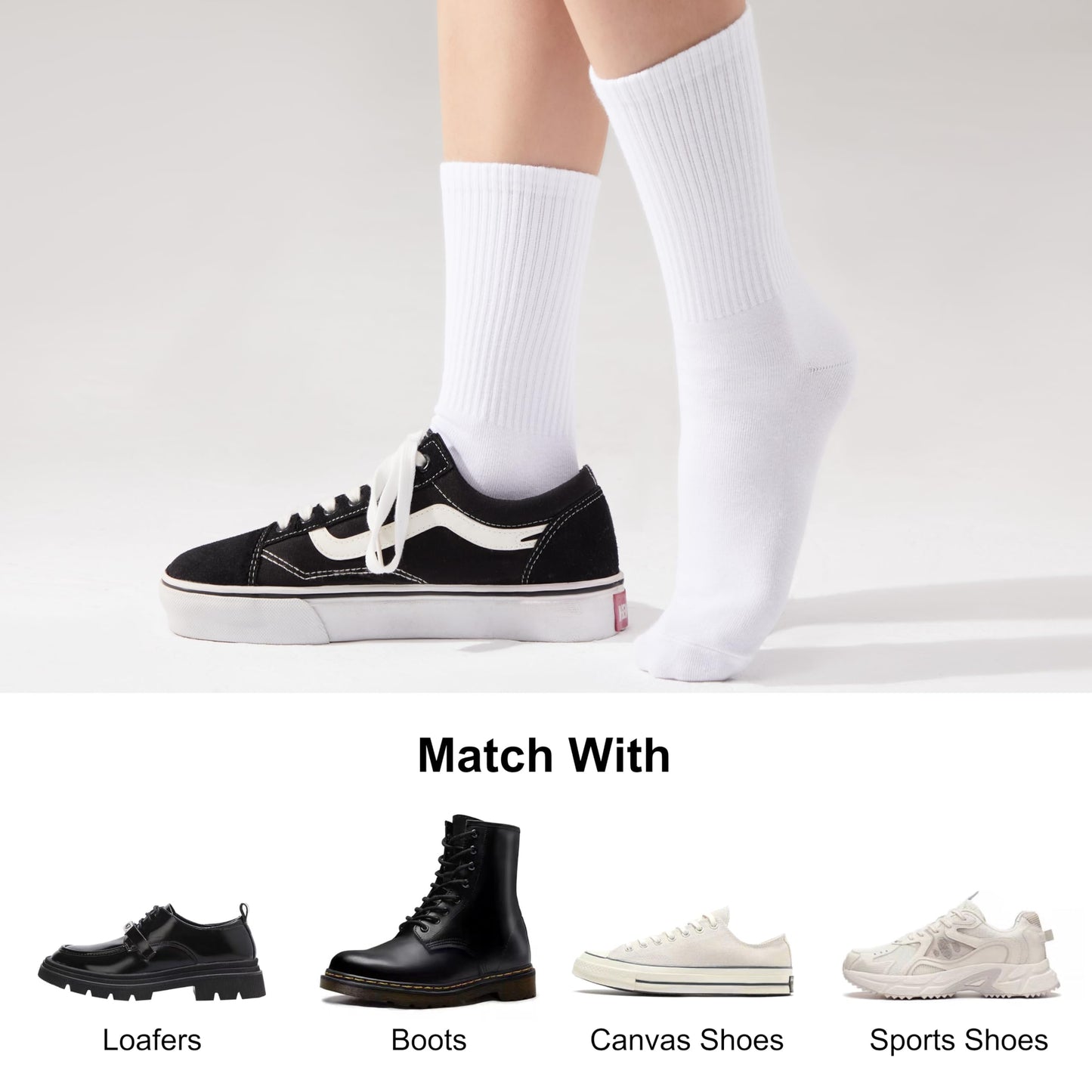 COZYOFFI White Socks for Women Crew: Mid High Length for Boots, Sneakers, Loafer - Medaid International