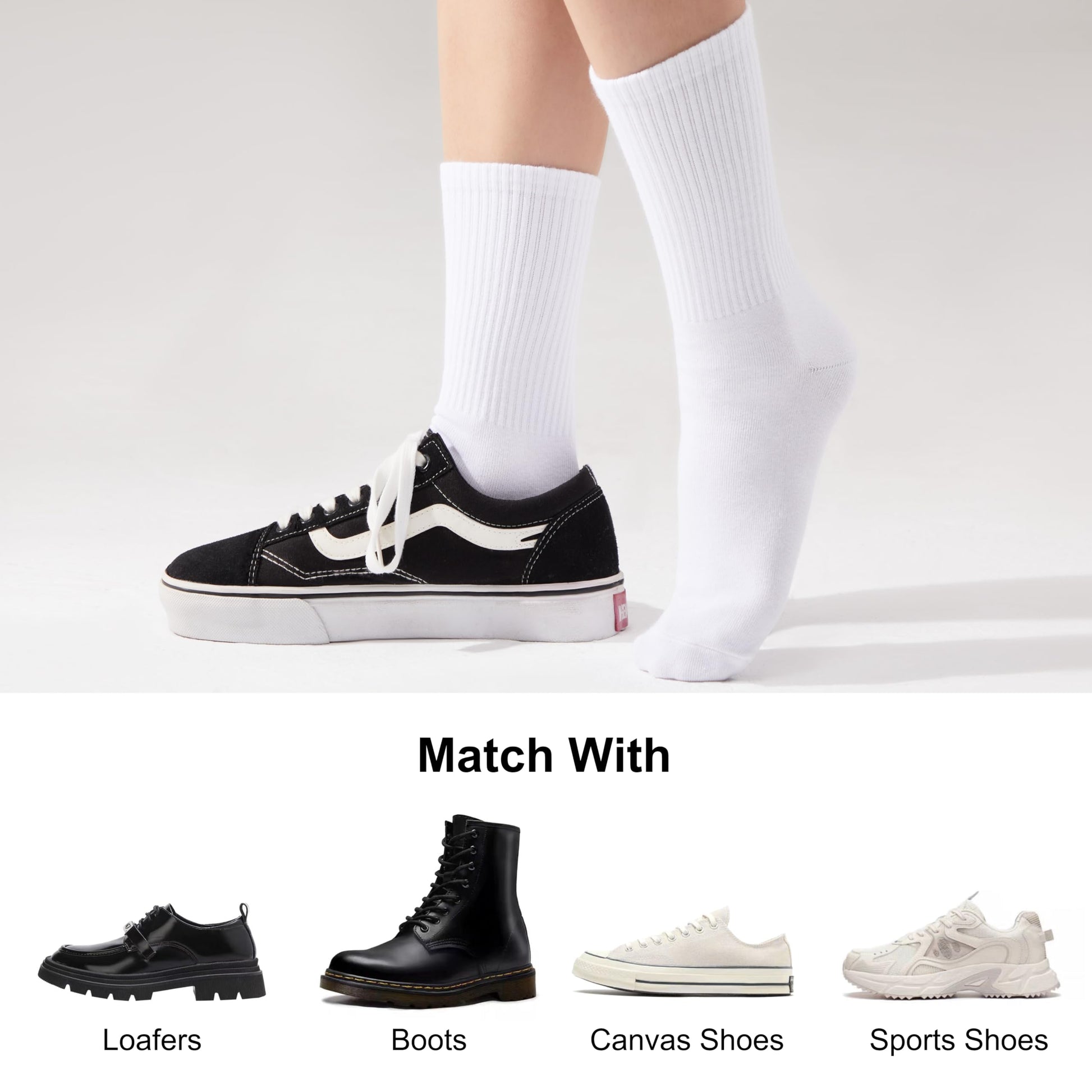 COZYOFFI White Socks for Women Crew: Mid High Length for Boots, Sneakers, Loafer - Medaid International