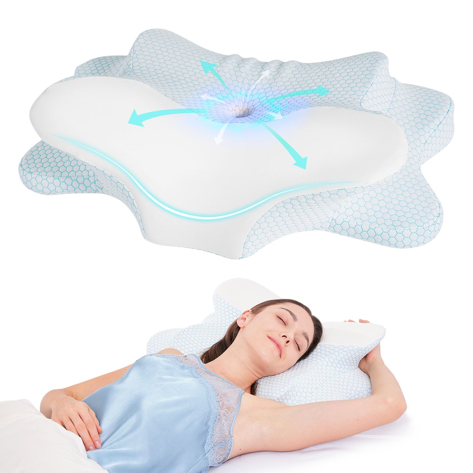 FUNCCUBE Cervical Neck Pillow - Memory Foam Pillow for Pain Relief Sleeping, Ergonomic Neck Support Contour Pillows for Side Back Stomach Sleepers,Orthopedic Breathable Pillowcase (Blue White) - Medaid International