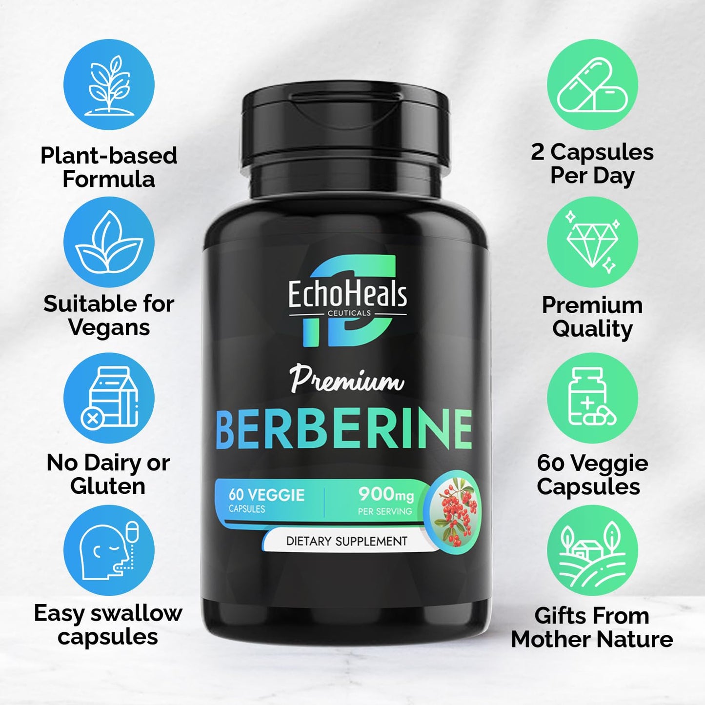 EchoHeals CEUTICALS Berberine Supplement - Natural Plant-Based with Ceylon Cinnamon, Turmeric, Piperine, Vitamins B6, C, D - Vegan-Friendly - 60 Vegetable Caps, 900mg. - Medaid International