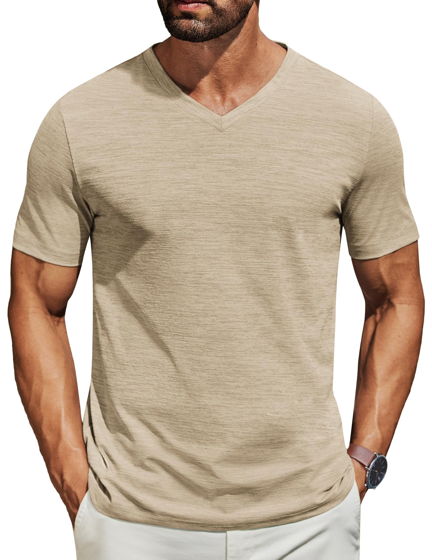 COOFANDY Men's T Shirts Short Sleeve Classic V Neck T-Shirt Casual Summer Basic Tee Shirt Khaki - Medaid International