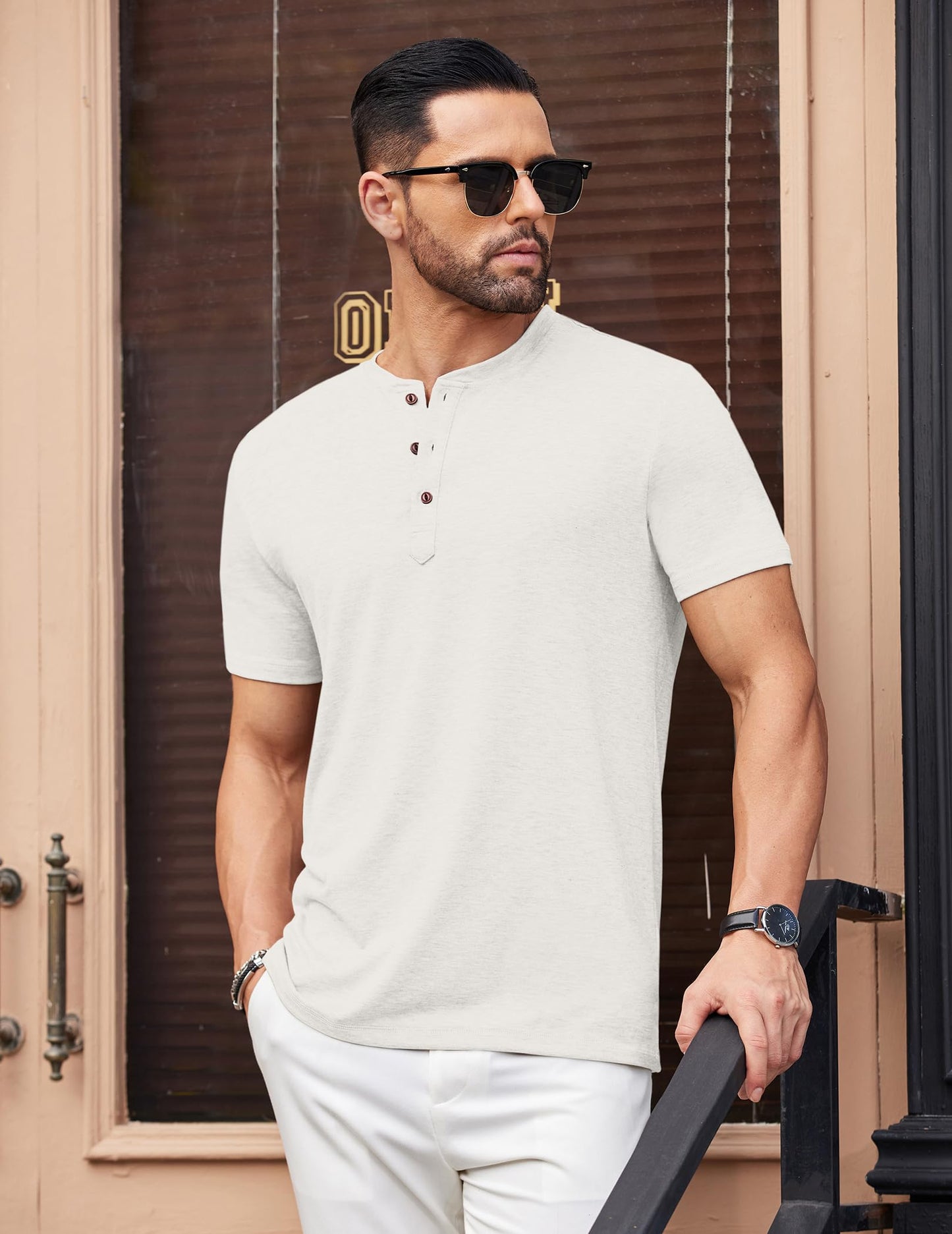 COOFANDY Men's Henley Shirts Short Sleeve Casual Summer Fashion Shirts Solid Button T Shirts White - Medaid International