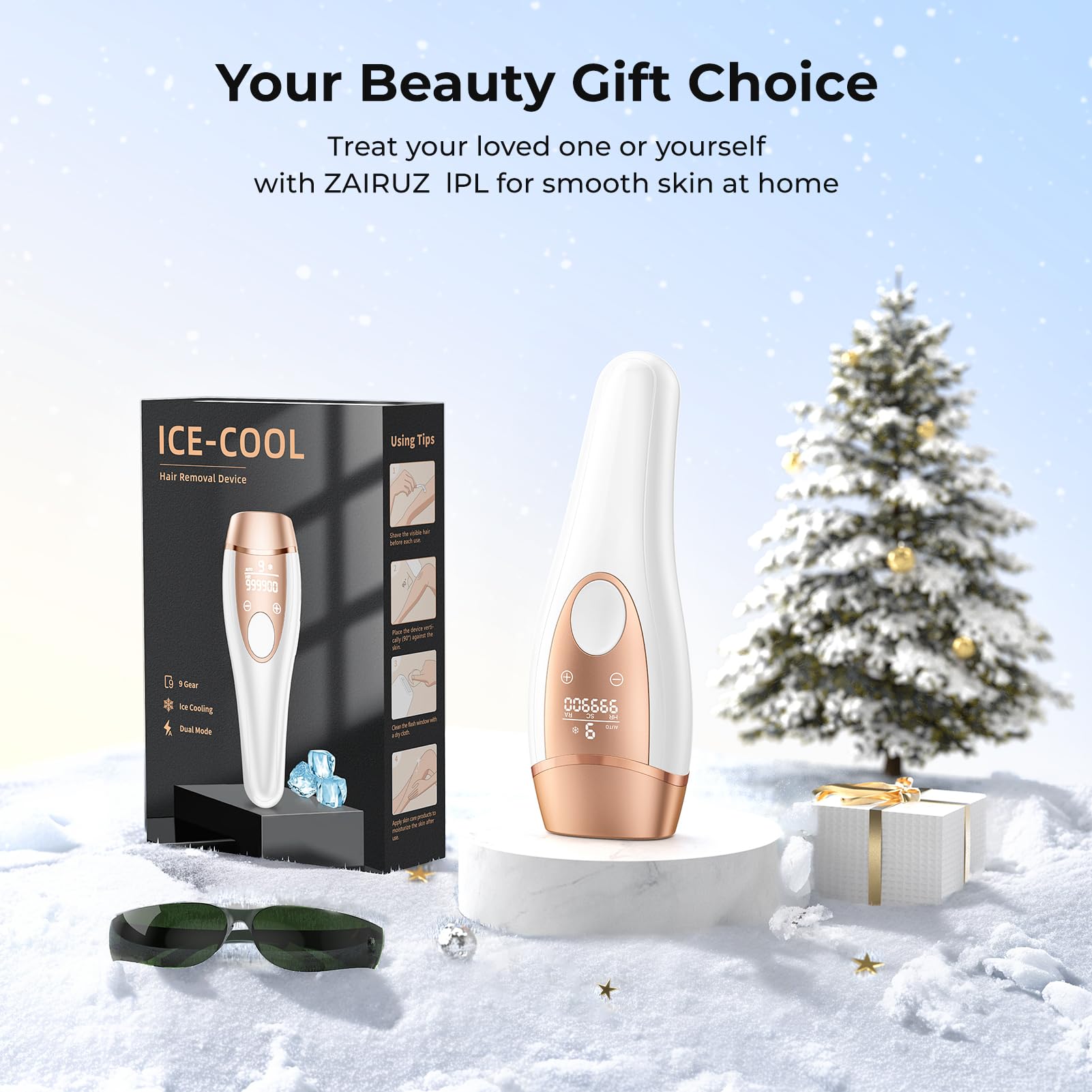Laser Hair Removal for Women & Men - ZAIRUZ IPL Laser Hair Removal Device with Painless 5℃ Ice Cooling, 3 in 1 at-Home Permanent Hair Remover for Face, Body, Bikini - Medaid International