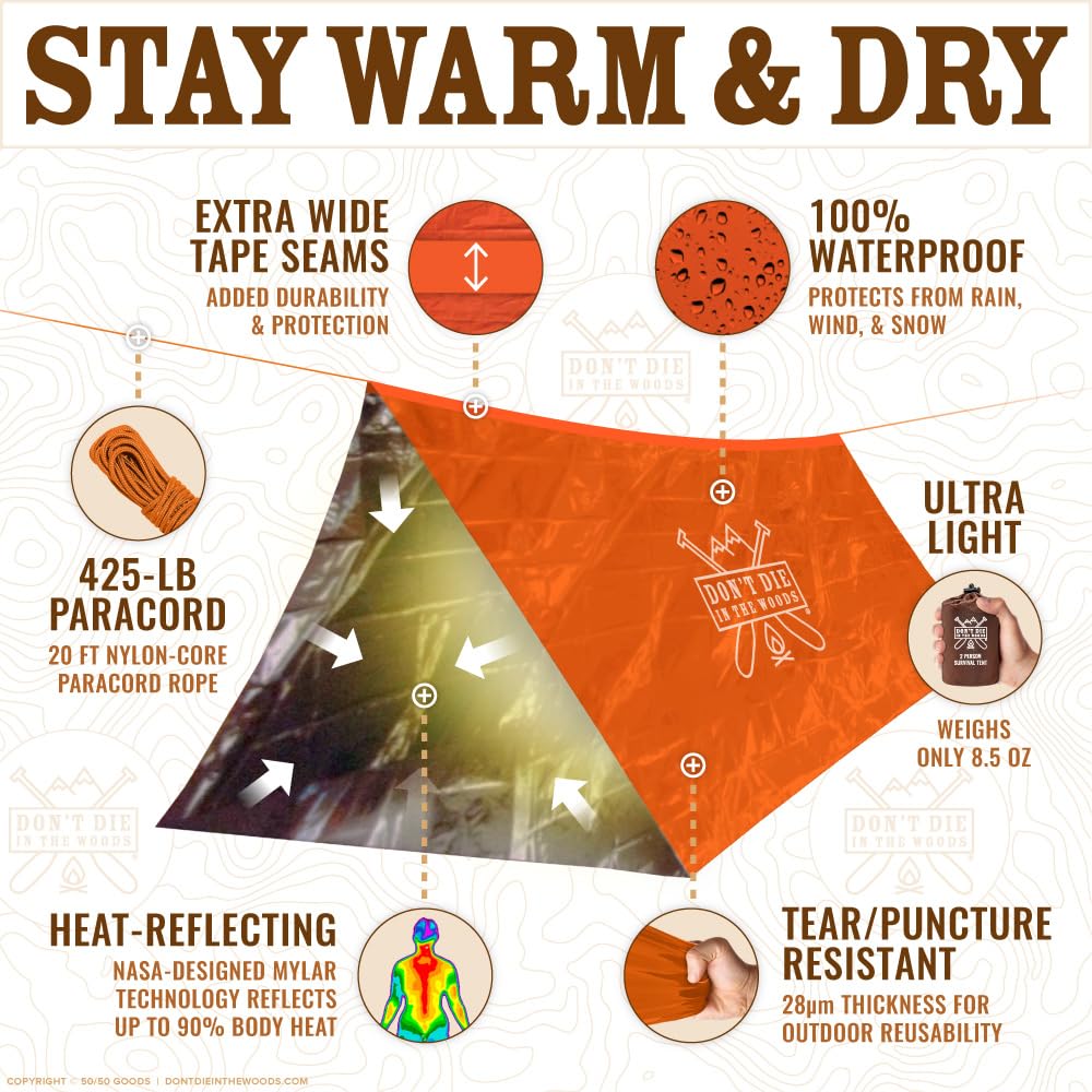 Don't Die In The Woods - Survival Tent - Made with Extra-Thick Space Blanket Thermal Mylar - Emergency Shelter Tube Tent - One of The 10 Essentials for Hiking, Camping, First Aid Kits (Orange)