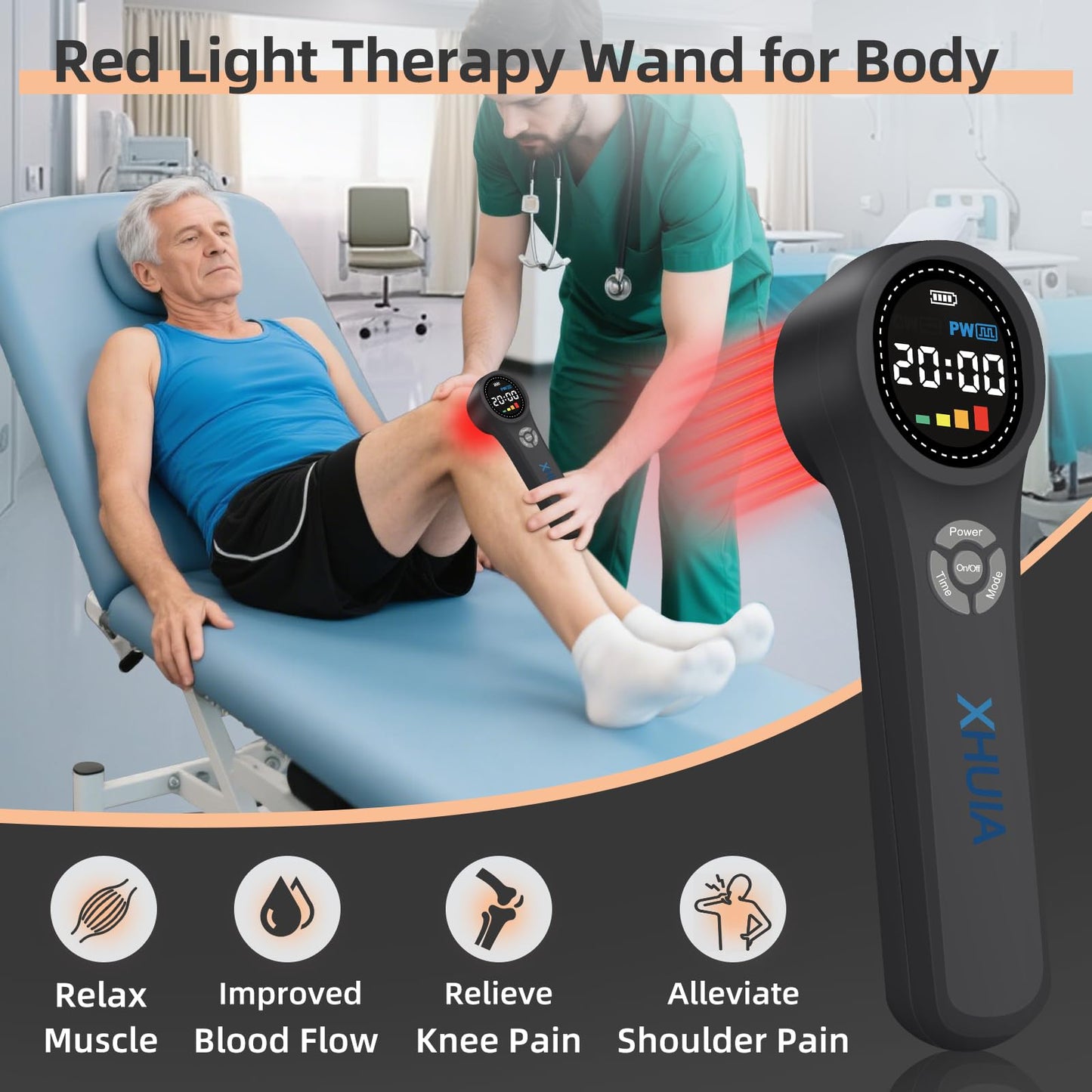 XHUIA Handheld Red Light Therapy Device, 4x980nm 4x810nm 16x660nm, Cold Light Therapy Machine for Knee, Shoulder, Muscle, Joint Pain Relief, Near Infrared Light Therapy for Human at Home or Travel - Medaid International