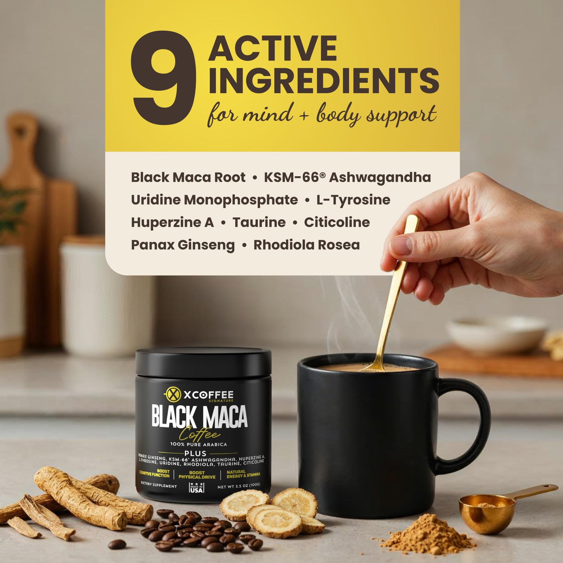 X COFFEE Instant Black Maca Coffee for Men and Women – Maca Coffee Powder - Instant Coffee Blend with Maca Root, Ashwagandha, Ginseng, Huperzine A, Rhodiola, Taurine, Uridine, Citicoline & L-Tyrosine - Medaid International