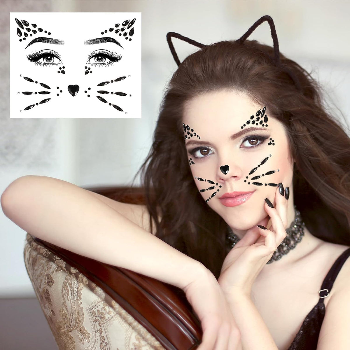 TERRIFI Face Gems for Women Cat Whiskers Style, 4 Sheets Reusable Makeup Rhinestones for Festivals and Themed Events, Self-Adhesive Glitter Stickers for Beauty and Cosplay Decorations