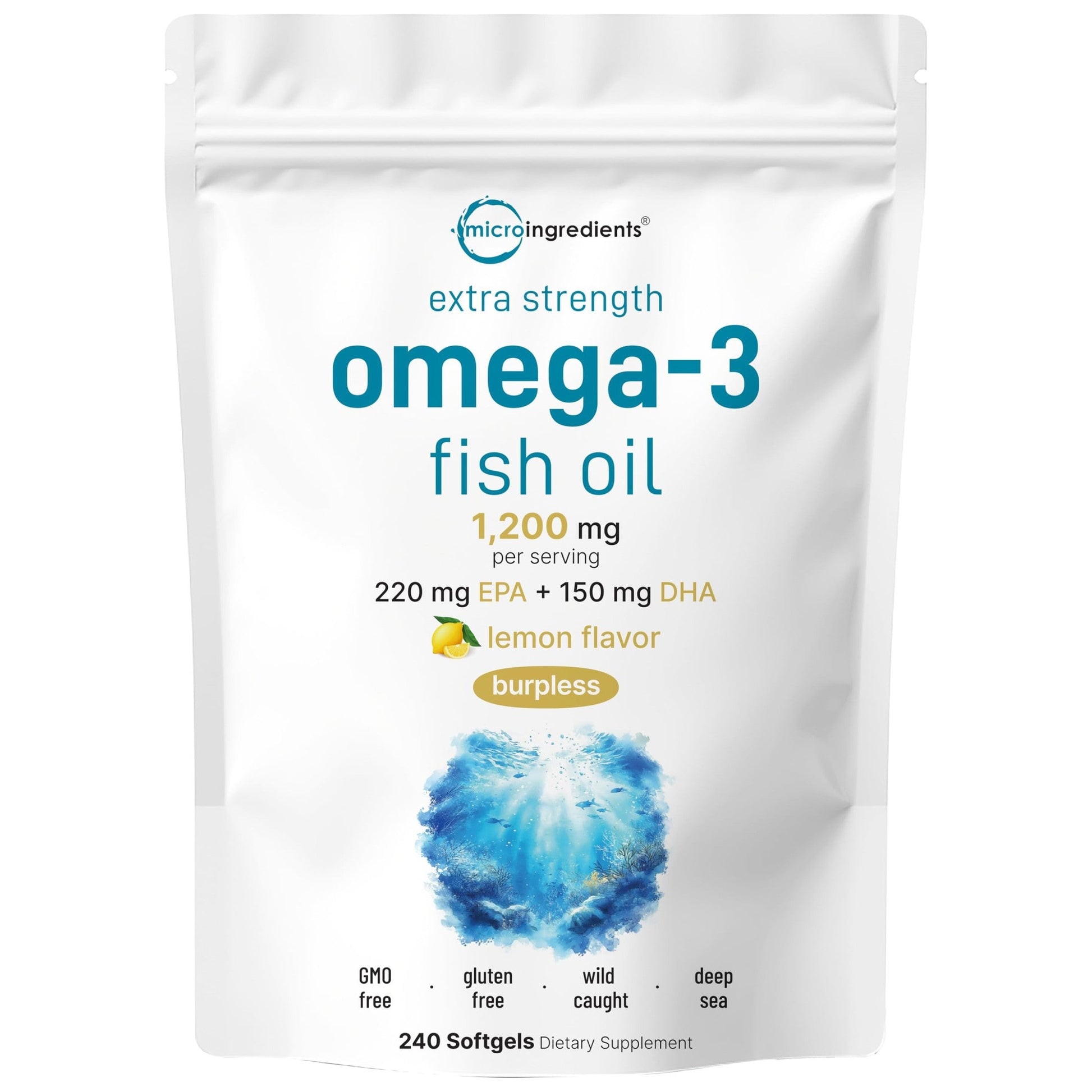 Micro Ingredients Extra Strength Omega 3 Fish Oil Supplements 1,200mg Per Serving, 240 Softgels | Lemon Flavored | Burpless | Essential Fatty Acids | EPA 220mg + DHA 150mg | Deep Sea Fish - Medaid International