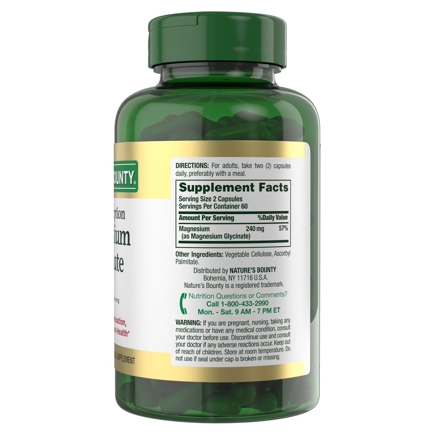 Nature’s Bounty High Absorption Magnesium Glycinate 240 mg for Supporting Muscle Relaxation and Bone, Heart & Nerve Health – Non-GMO, Gluten-Free, Vegetarian, 120 Count/60 Servings - Medaid International