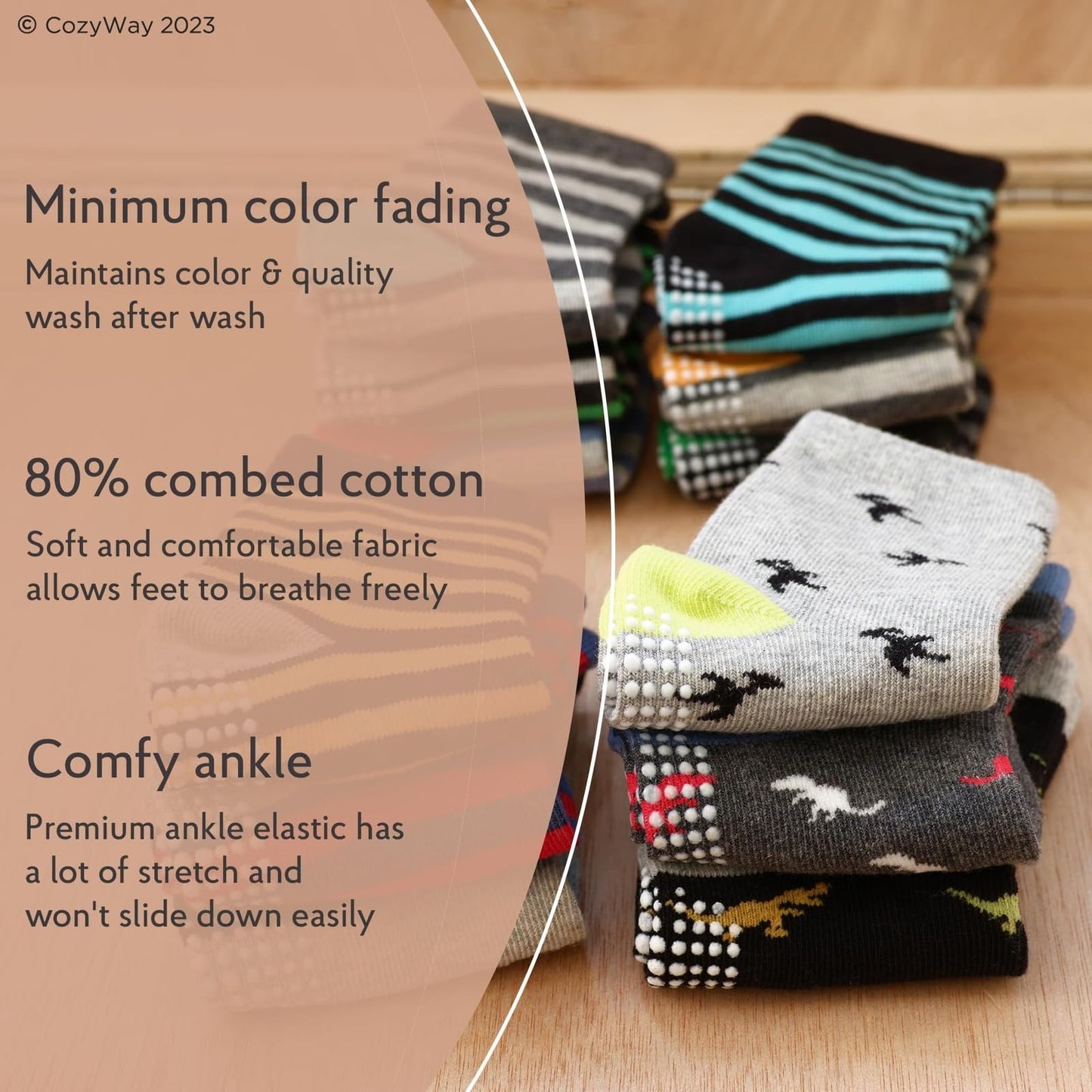 CozyWay Toddler Socks with Non-Slip Grippers - Grippy Cotton Socks for Toddlers - Crew & Ankle Styles for Boys & Girls - 1T-3T, Black White Gray, 12 Pack - Medaid International
