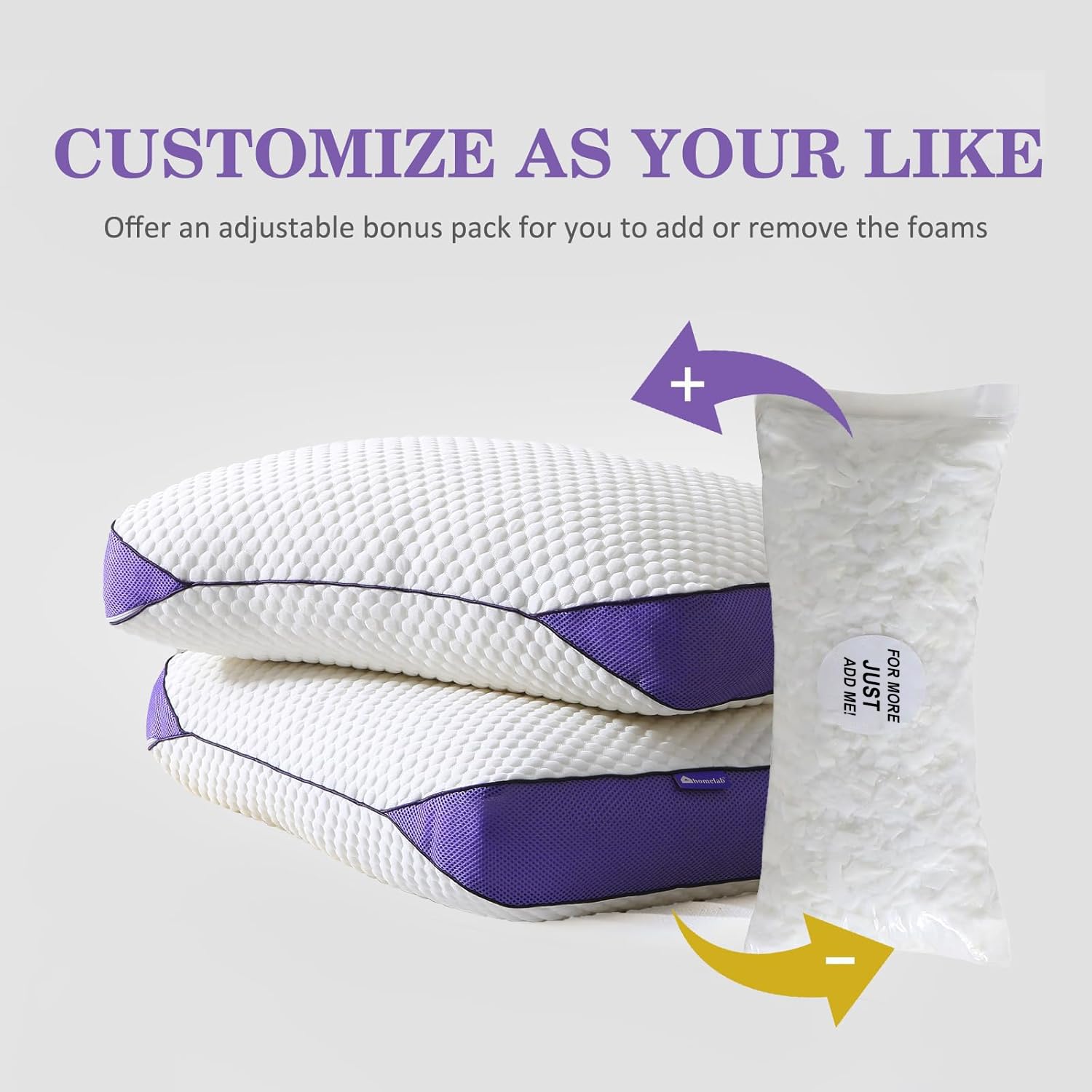 HOMELAB Adjustable Shredded Memory Foam Pillow Queen Size, Cooling Bed Pillow for Sleeping with Removable Cover, Medium Pillow for Side Stomach & Back Sleepers, 1 Pack 20"x28" - Medaid International