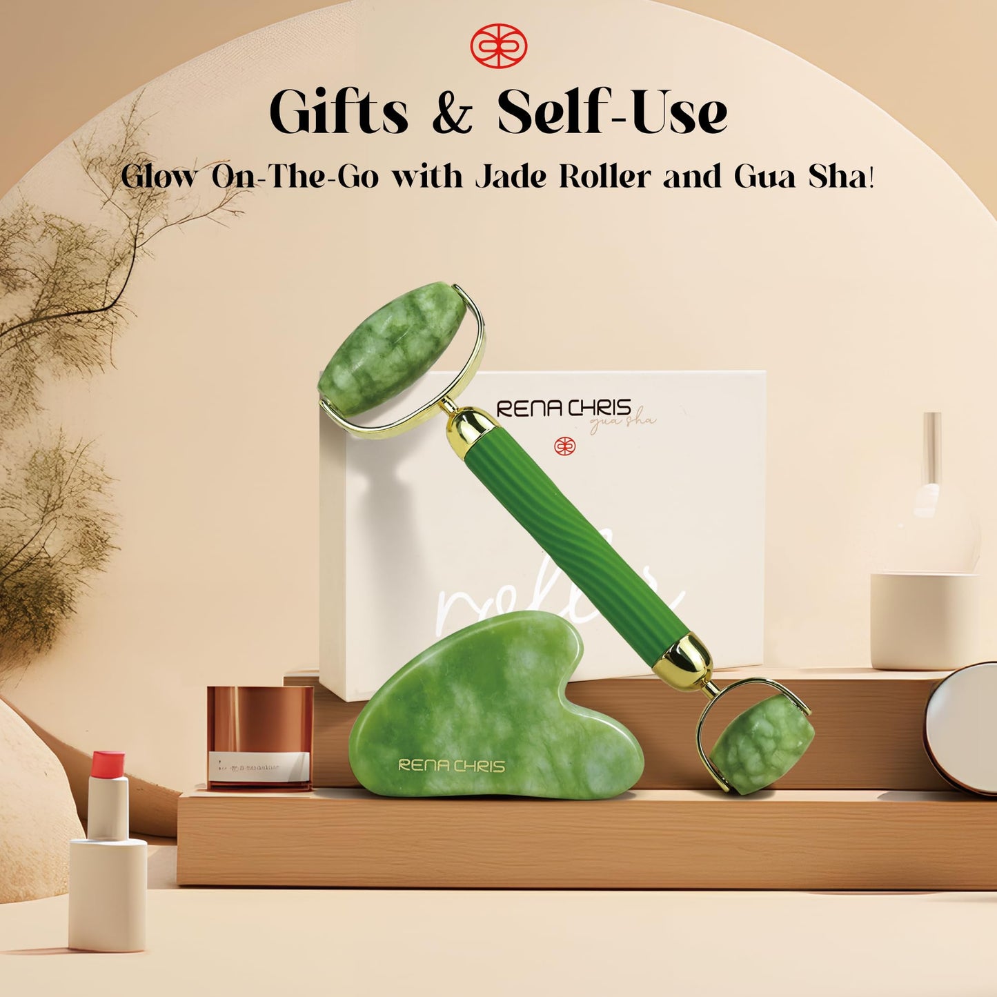Rena Chris Gua Sha and Face Roller Set: Anti-Breakage Jade Roller for Long-Lasting Use, Jawline Sculpting and Puffiness Reducing, Gua Sha Facial Tools for Self Care Gift (Green) - Medaid International