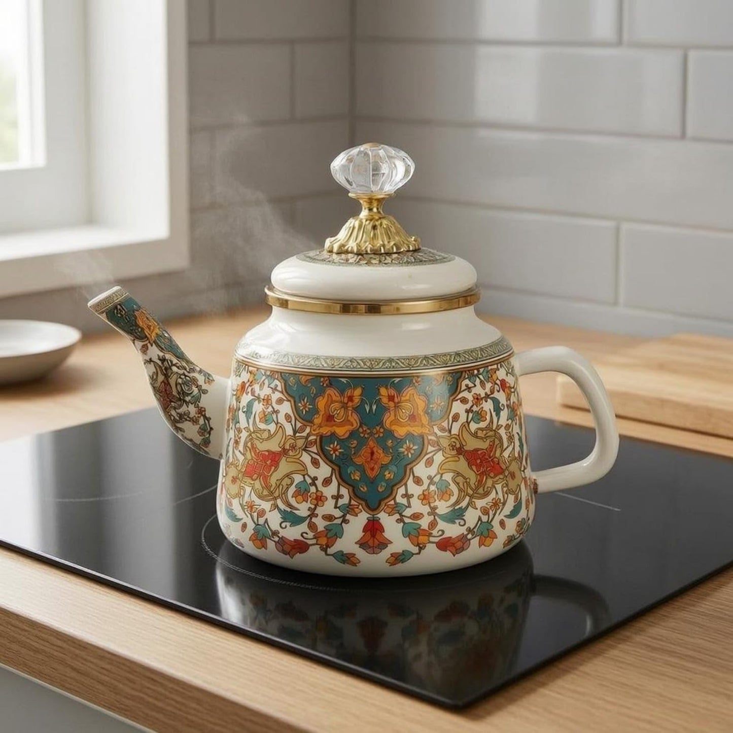 Glossy Floral Enamel Tea Kettle