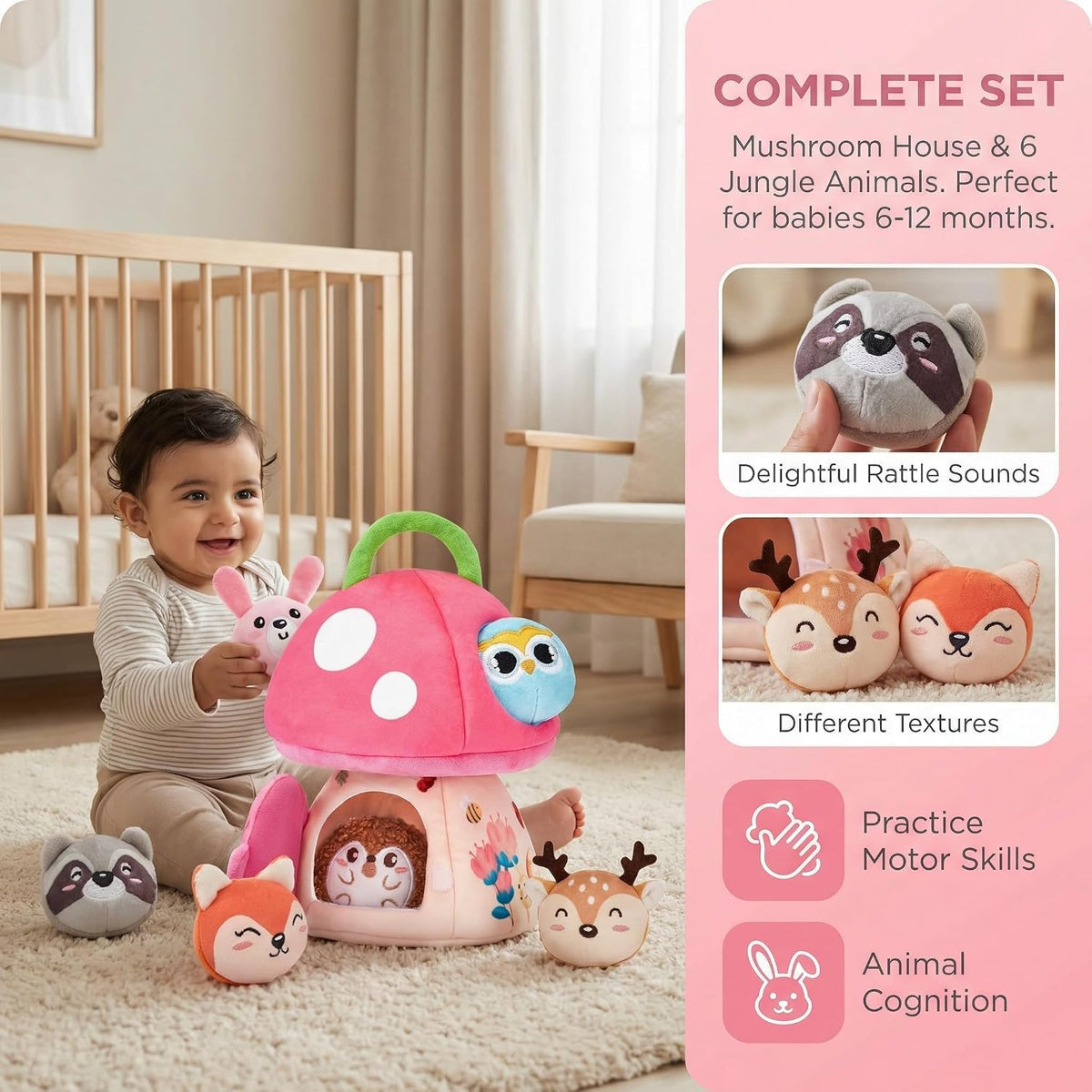 Baby Toys 6-12 Months-Mini Farm Animals Shape Sorter Toys with 6pc Stuffed Farm Animals Plush Toy,Rattle,Crinkle Paper,Mirror-Busy Montessori Toy for Babies,Sensory Toys for Toddlers 1-3 (Pilzhaus)