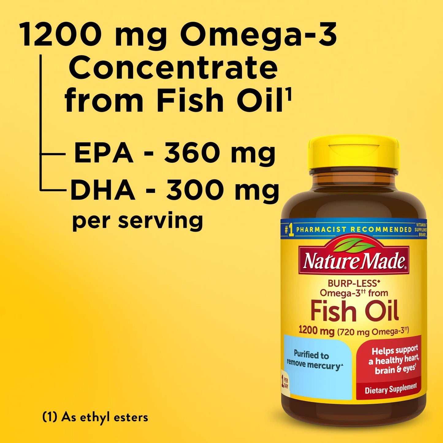 Nature Made Burp Less Omega 3 Fish Oil Supplements, 1200mg, EPA DHA Omega 3 Supplement as Ethyl Esters, Fish Oil Softgels for Healthy Heart, Brain and Eyes Support, One Per Day, 120 Softgels - Medaid International