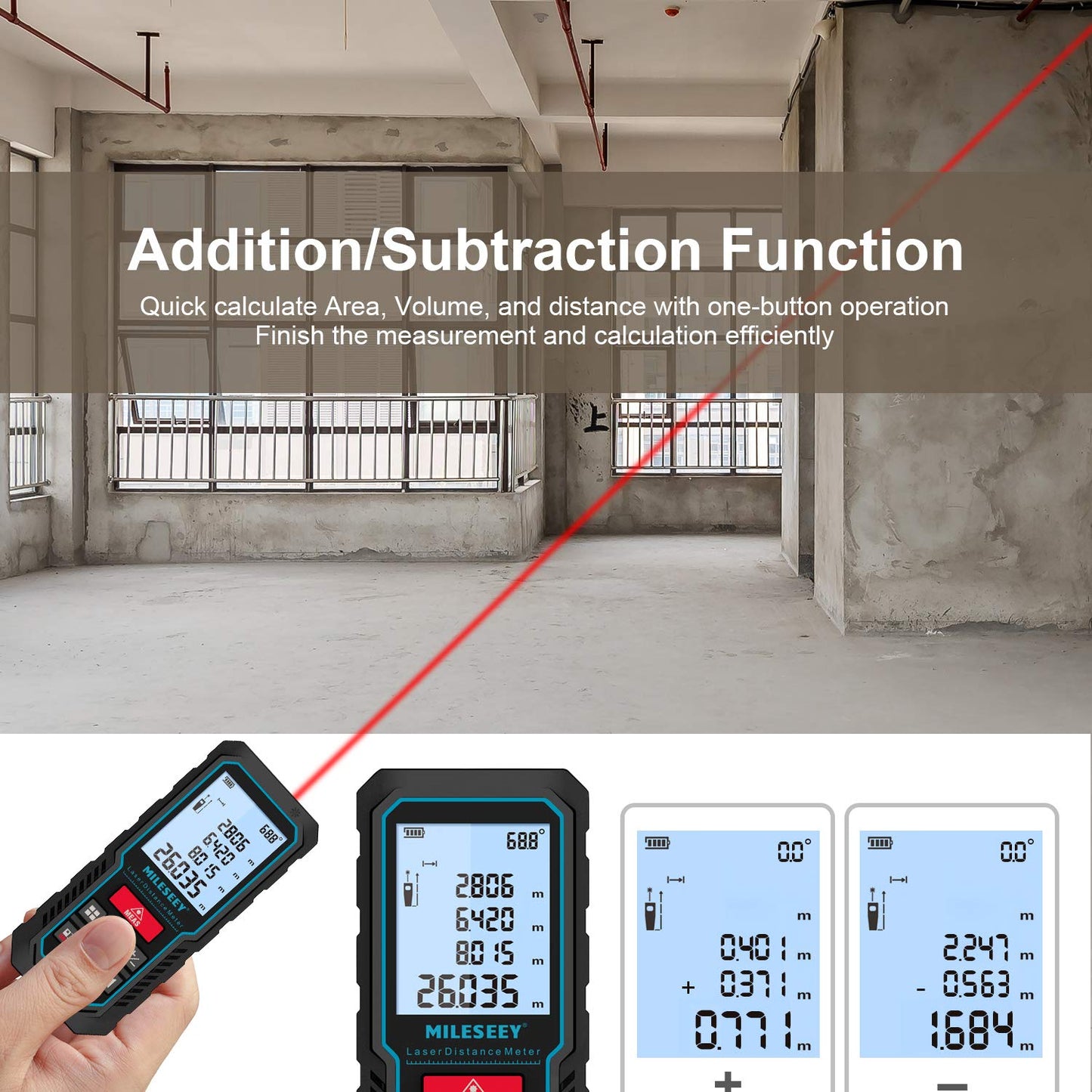 Laser Measure Device, MiLESEEY 393ft Digital Laser Tape Measure with Upgrade Electronic Angle Sensor, 2mm Accuracy, Area Measurement,Volume and Pythagoras, 2" LCD Backlit,Mute, Battery Included - Medaid International