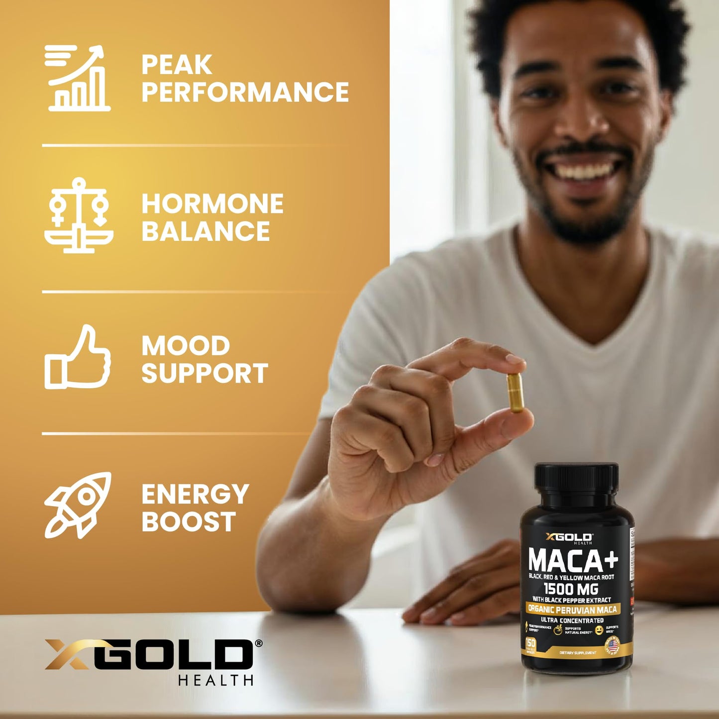 X Gold Health Organic Maca Root Powder Capsules 1500mg with Black | Red & Yellow Peruvian Maca Root Extract Gelatinized, Energy & Mood Supplement for Men & Women + Black Pepper for Best Benefits - Medaid International