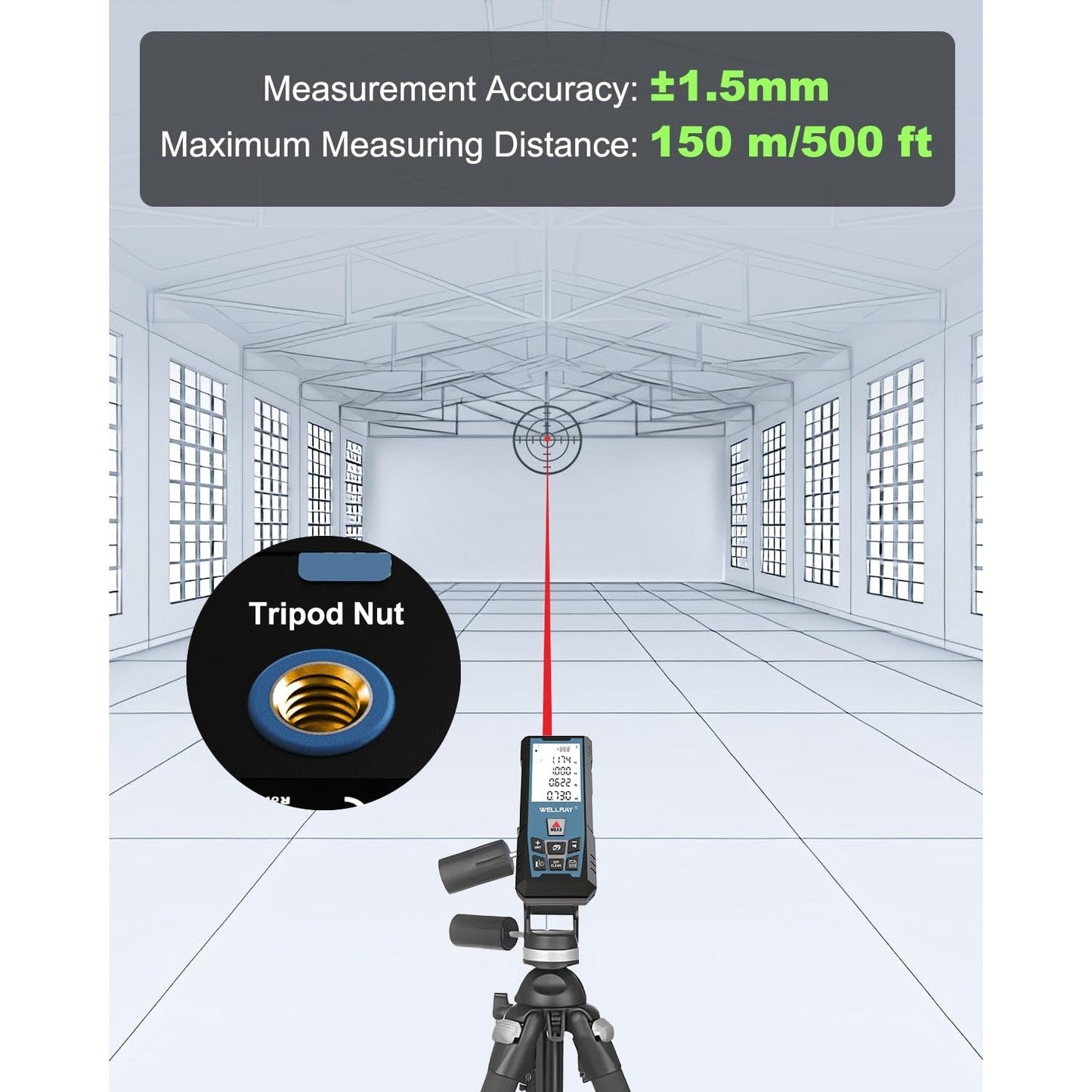 WELLRAY 500Ft Laser Measuring Tool Distance Laser Measurement Tool Square Footage Engineer 150M Digital Tape Measure with Laser Metro Construction Meters Device Electronic Horizontal Calibration - Medaid International