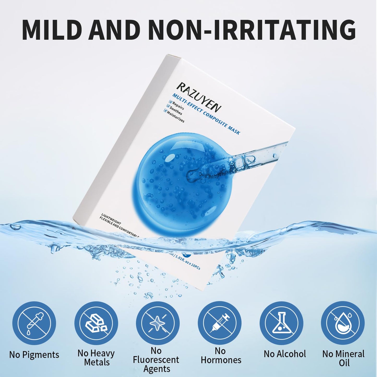 RAZUYEN Soothing Face Sheet Mask (10 Sheets), Anti-Aging, Detoxifying & Moisturizing Face Mask for Sensitive Skin with Centella Asiatica, Vitamin B5, Glass Skin Face Mask for after Microneedling - Medaid International