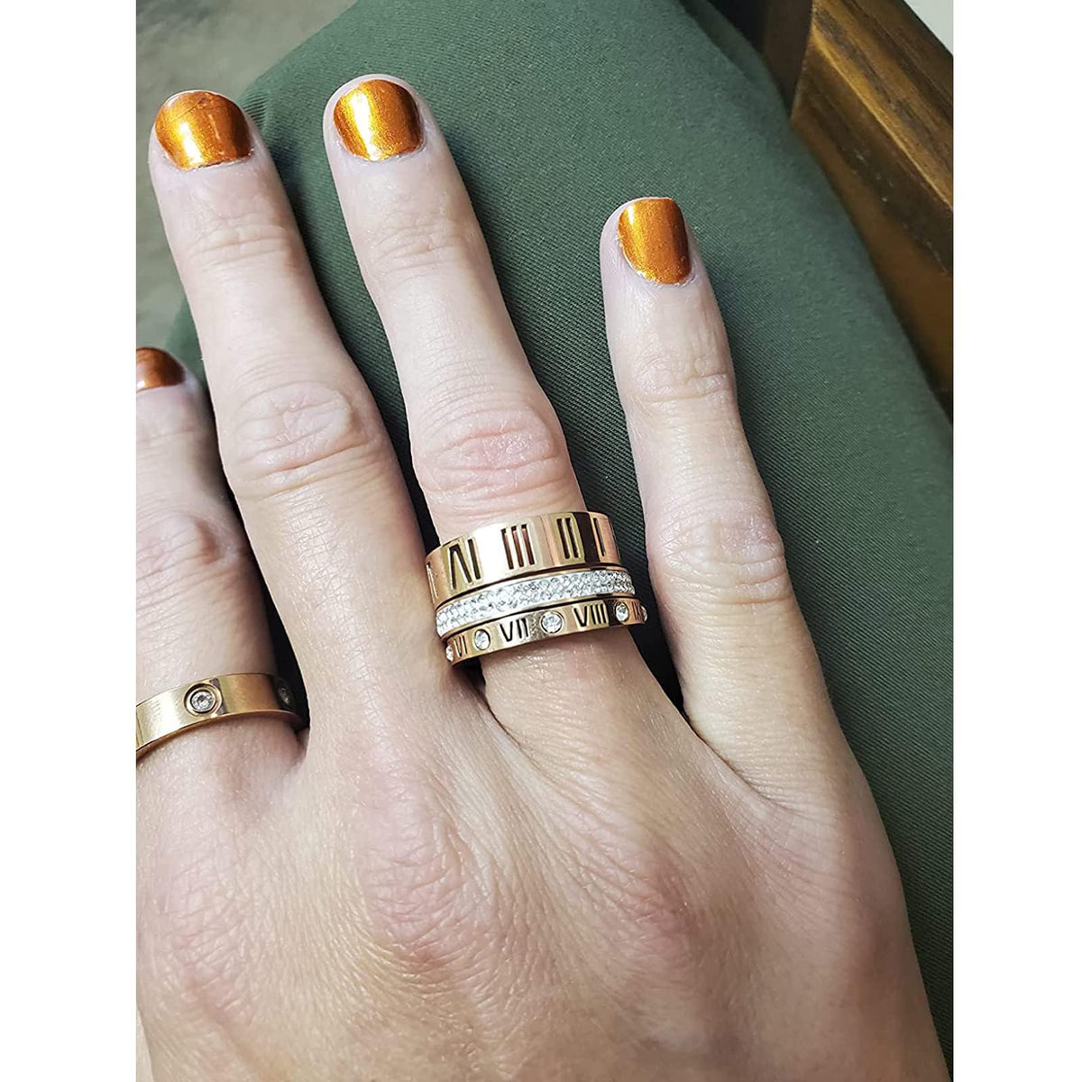 TERRIFI Stainless Steel Zirconia Rings for Women Girls Roman Numeral 3 in 1 Spinner Gold Weeding Ring Band, Women's Gold Wedding Band