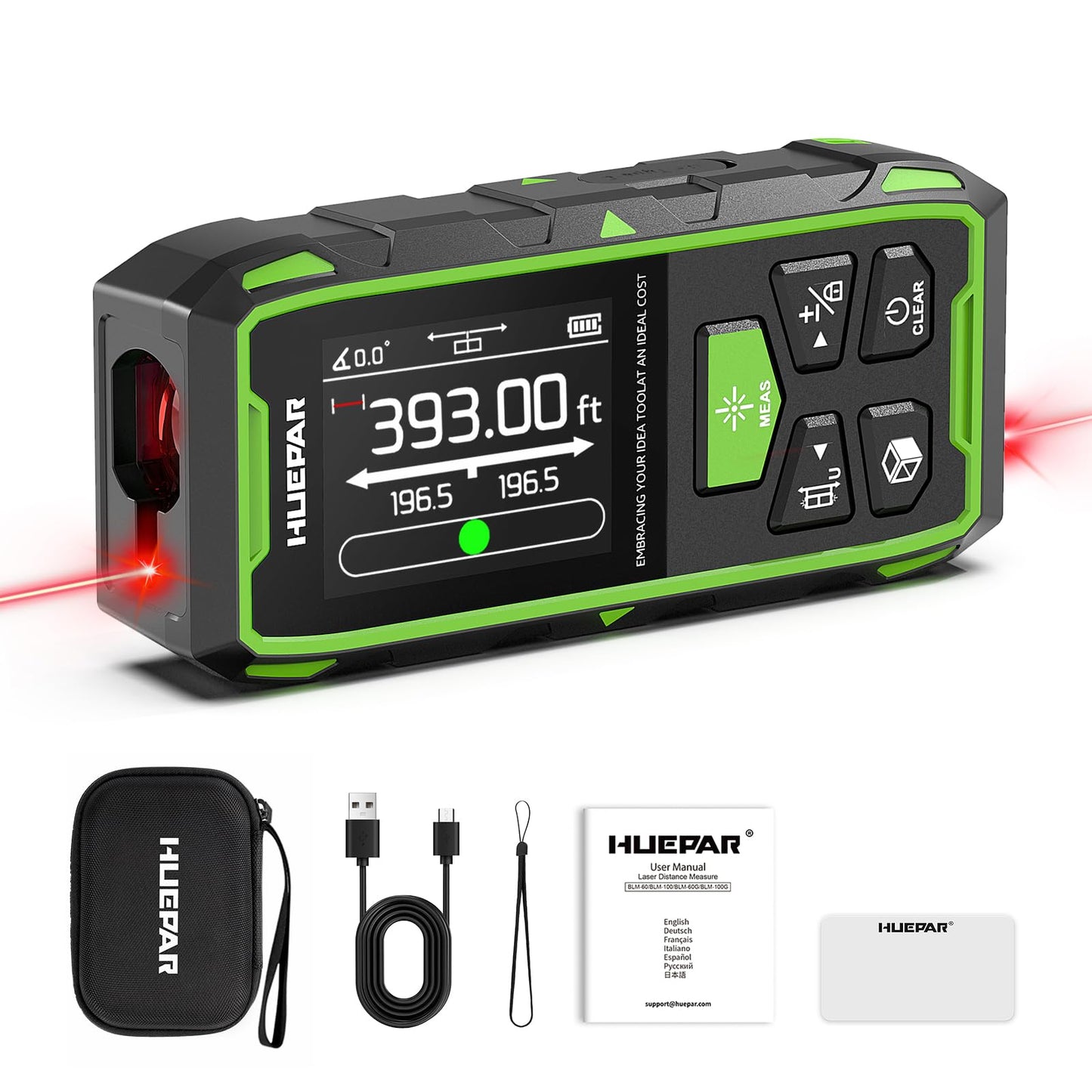 Huepar Professional Dual Laser Measuring Tool 393ft, Rechargeable Bilateral Laser Measurement Tool, Digital Laser Room Measure Devices, Metro Laser Measurement Tool with Angle Sensor, Magnetic Back - Medaid International
