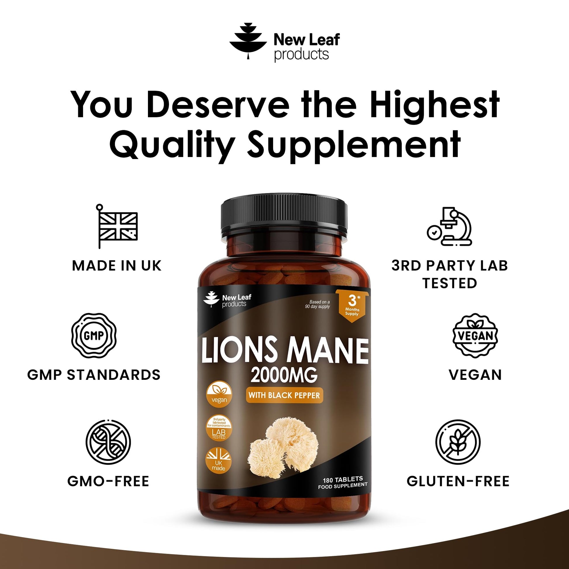 New Leaf Products Lions Mane Mushroom Extract Supplement 2000mg - 180 High Strength Vegan Tablets with Black Pepper - (Not Powder or Capsules) Made in The UK - Medaid International