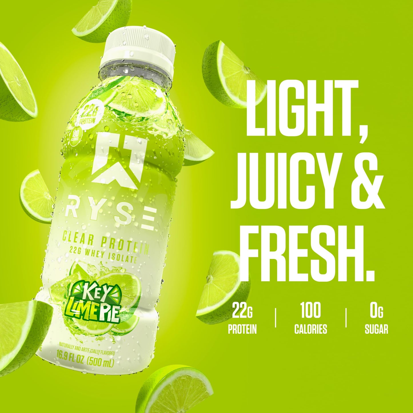 RYSE Clear Protein Drink - Key Lime Pie - 100 Calories, 22g Whey Isolate Protein Shake, Sugar-Free, 0g Fat & Lactose-Free - Refreshing Ready-to-Drink Beverage - 16.9 fl oz Bottles (12-Pack) - Medaid International