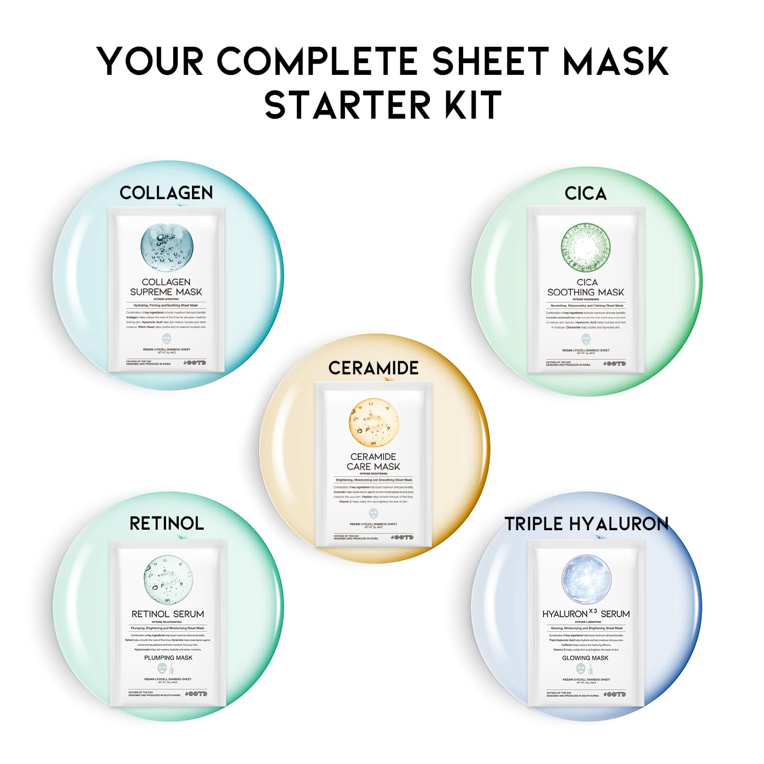 Hydrating Sheet Mask Starter Kit Variety Pack for Skin Care, Dry, Ance, Sensitive Skin, Korean Vegan Facial Sheet Mask for Men & Women, Collagen, Cica, Ceramide, Hyaluron, Retinol 5EA - Medaid International
