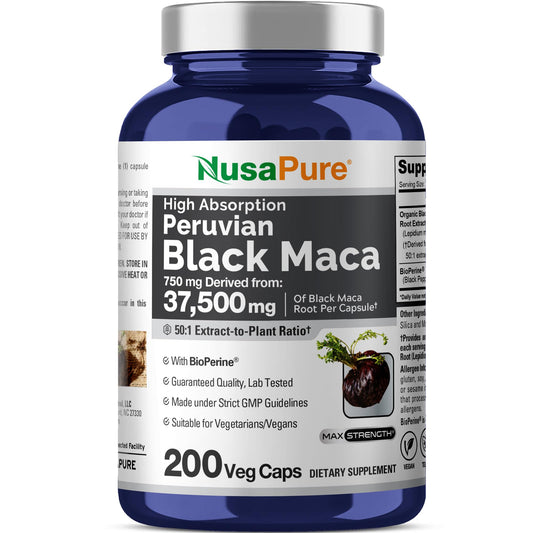 NusaPure Black Maca Root 50:1 Extract, 750 mg Equivalent to 37,500 mg 200 Veggie Per Caps (Vegan, Non-GMO) - Medaid International