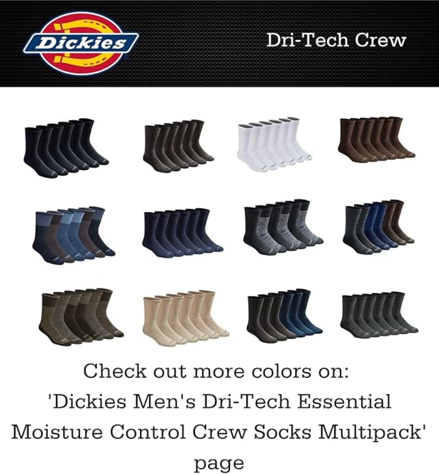 Dickies Men's Dri-tech Original Moisture Control Crew Socks Multipack, Black (6 Pairs), Shoe Size: 6-12, Pack of 6 - Medaid International