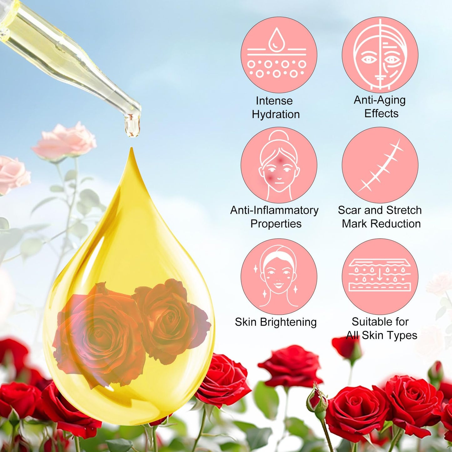RoongDuuDll Rose Oil for Face with Rose Petal Flower, Natural Vitamin E Oil for Anti-aging, Scars & Stretch Mark, Gua Sha Face Oil, Massage Body Oil Scented for Dry Skin, Scalp and Nail - 60ml - Medaid International