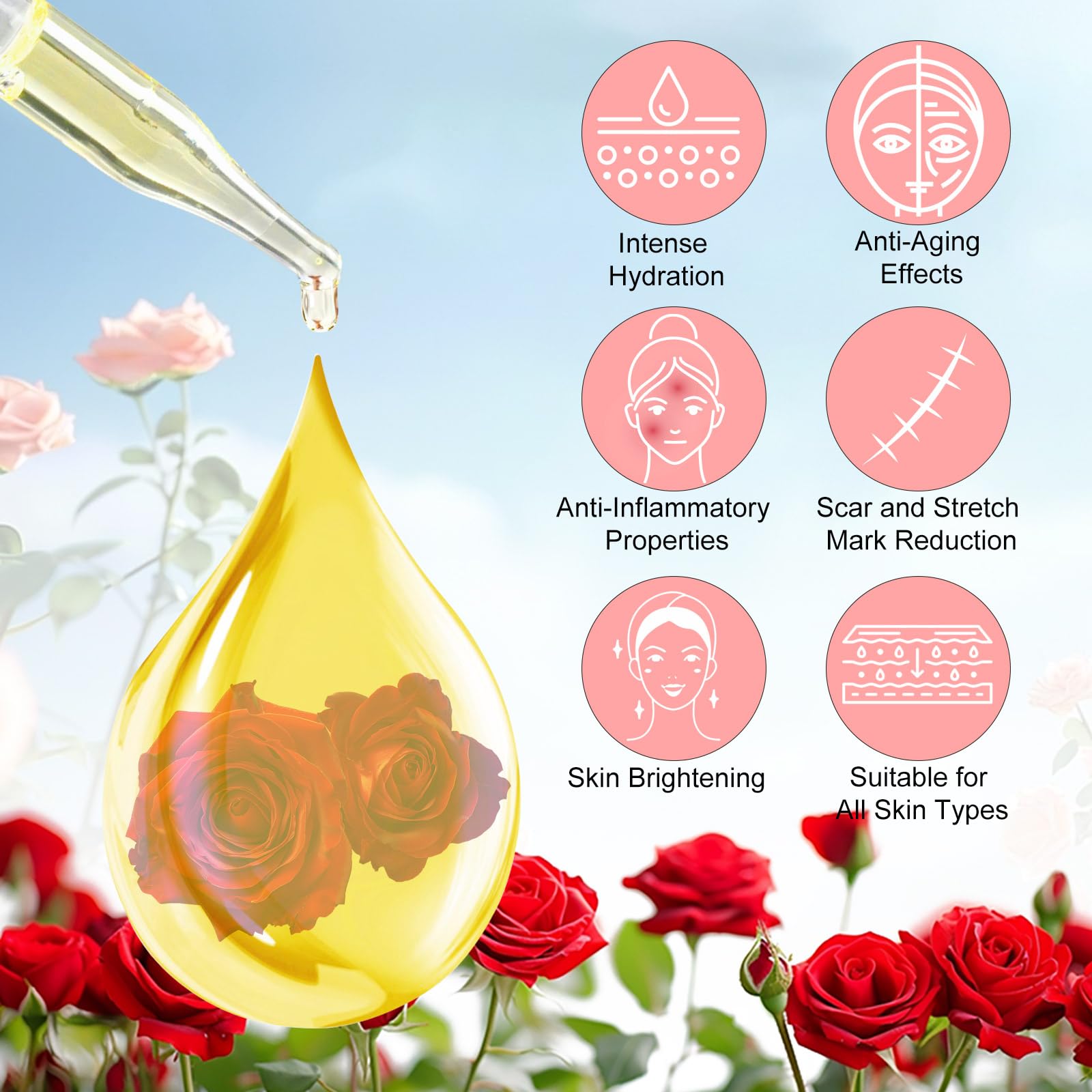 RoongDuuDll Rose Oil for Face with Rose Petal Flower, Natural Vitamin E Oil for Anti-aging, Scars & Stretch Mark, Gua Sha Face Oil, Massage Body Oil Scented for Dry Skin, Scalp and Nail - 60ml - Medaid International