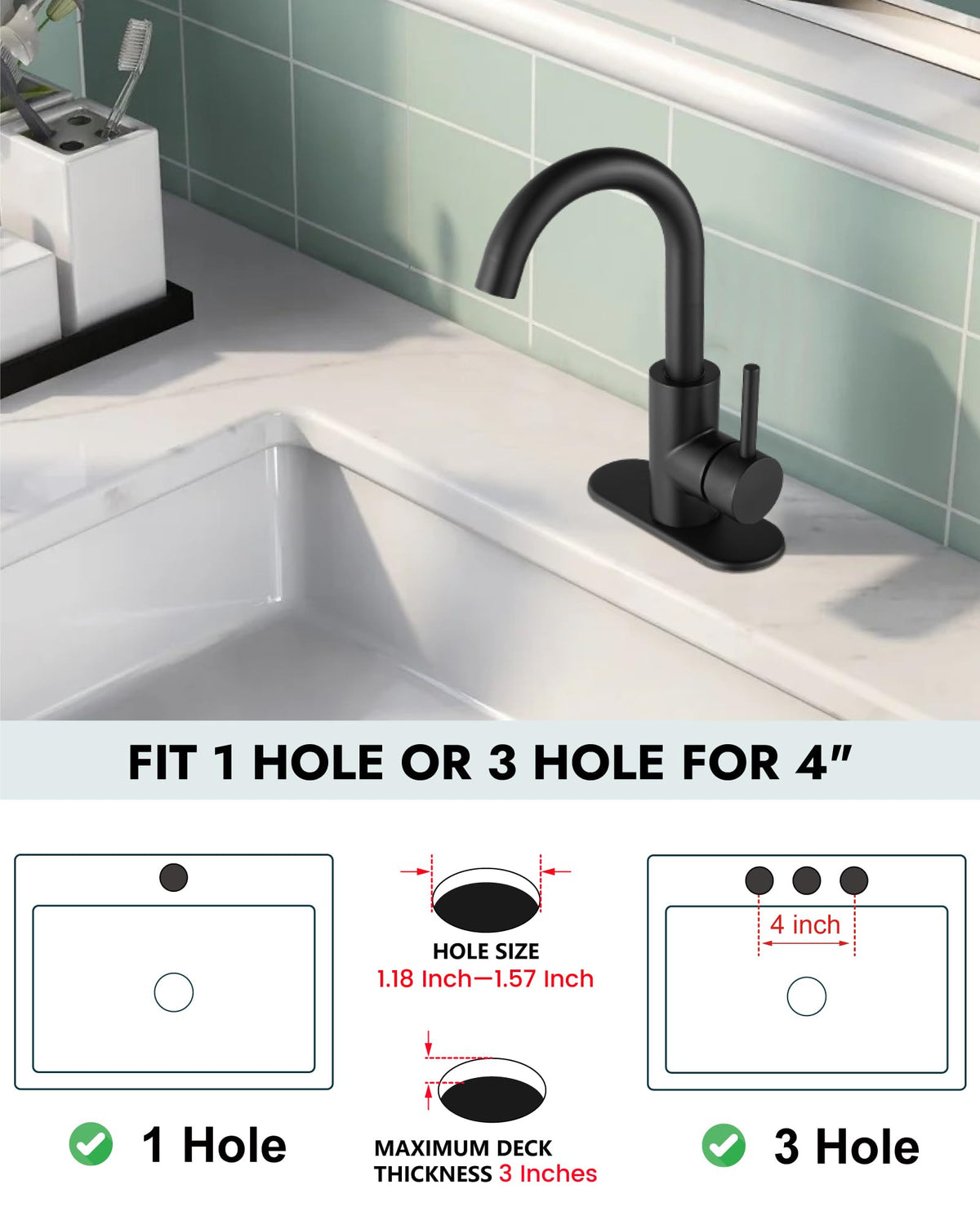 Midanya Matte Black Bathroom Sink Faucet Deck Mount SUS304 Stainless Steel Lavatory Mixer Tap 1 Hole Single Handle with Cover Plate Include Pop Up Drain with Overflow Commercial
