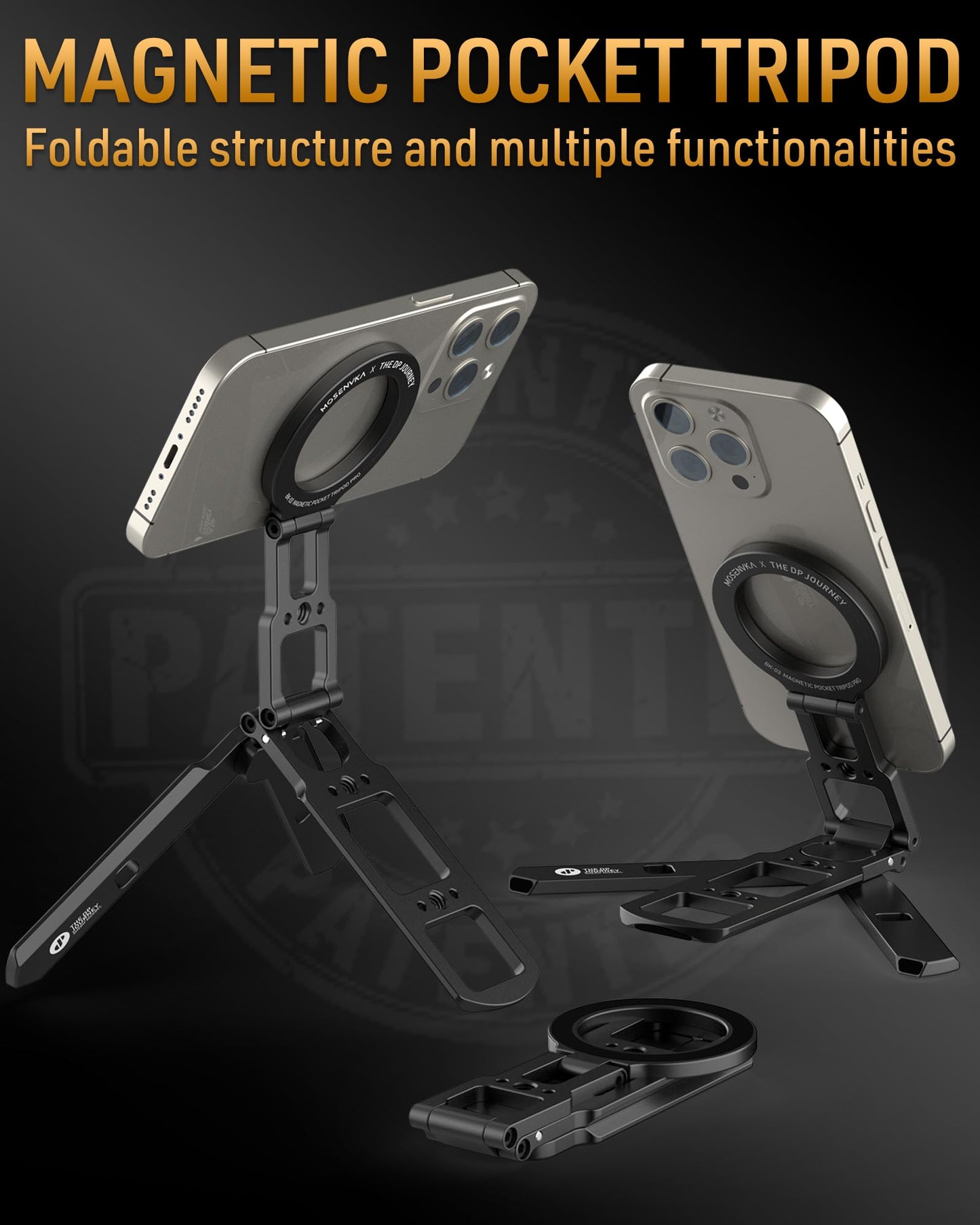 MOSENVKA Dual Magnetic Phone Tripod Foldable Double Magnet Mount Pocket Cell Phone Stand for iPhone 16/15/14/13/12 Plus Max for Ipad Travel Gym Magnetic Tripod [US Patent Registered] - Medaid International