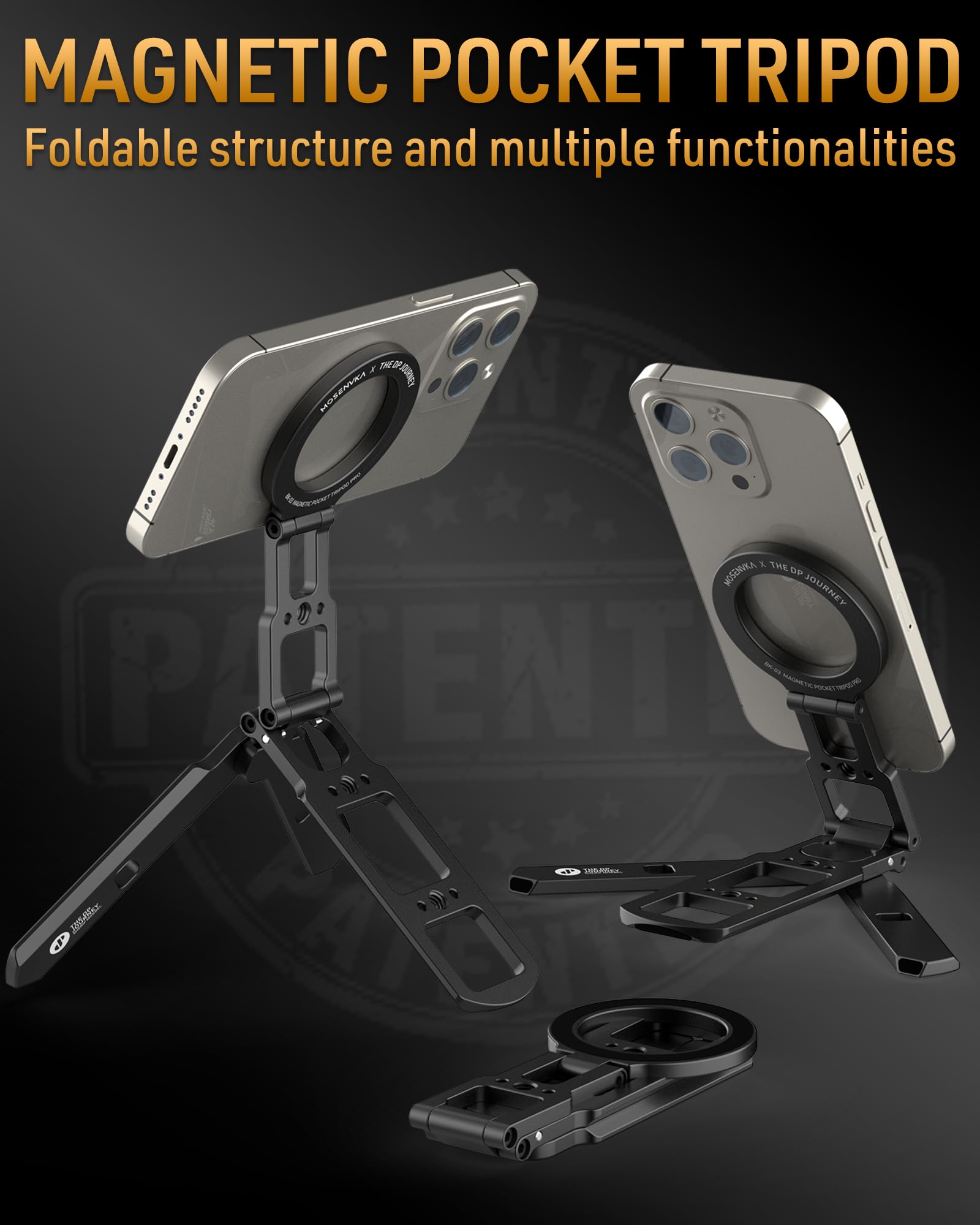 MOSENVKA Dual Magnetic Phone Tripod Foldable Double Magnet Mount Pocket Cell Phone Stand for iPhone 16/15/14/13/12 Plus Max for Ipad Travel Gym Magnetic Tripod [US Patent Registered] - Medaid International