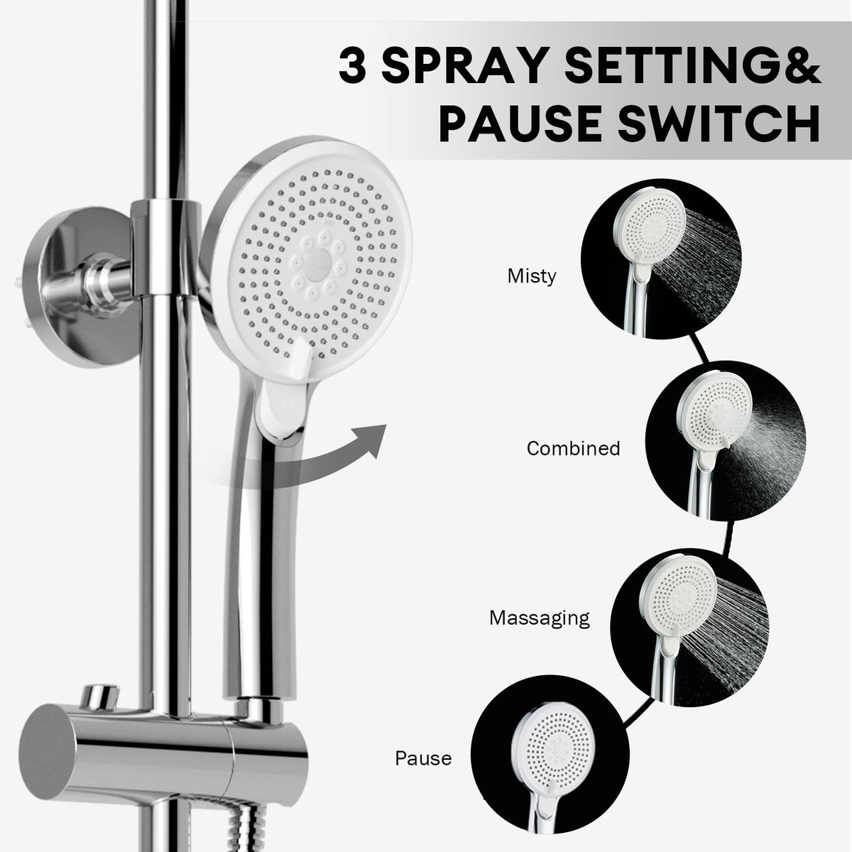 JOMOO Bathroom Shower Set, 9 "High Pressure Rainfall Shower, Handheld Showerhead and Shower Tap Combo, 3 Function Multifunctional Shower System with one button on/off, Chrome