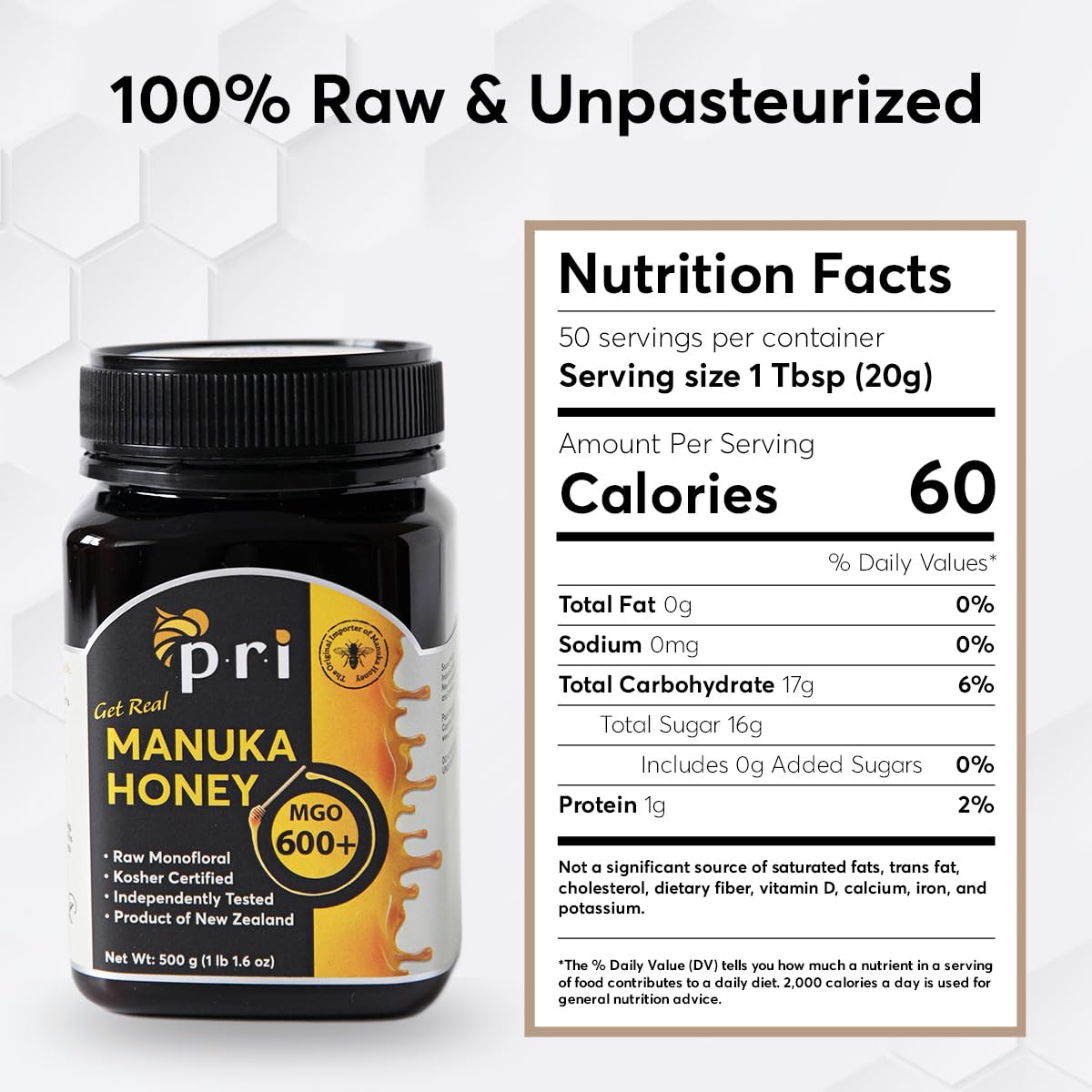 P.R.I Manuka Honey, MGO 600+, 1.1LB New Zealand Raw Monofloral Manuka Honey (500g) - Medaid International