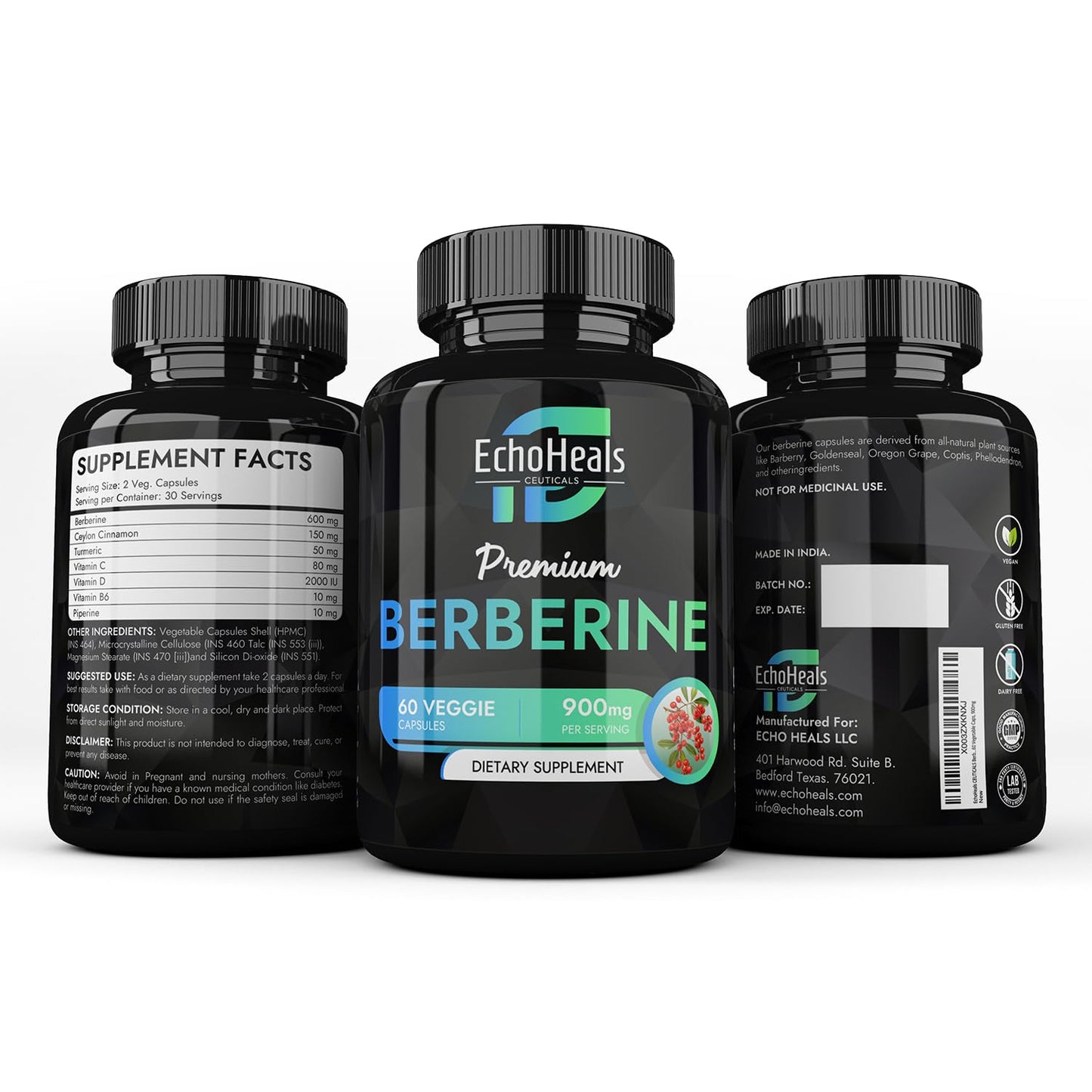 EchoHeals CEUTICALS Berberine Supplement - Natural Plant-Based with Ceylon Cinnamon, Turmeric, Piperine, Vitamins B6, C, D - Vegan-Friendly - 60 Vegetable Caps, 900mg. - Medaid International
