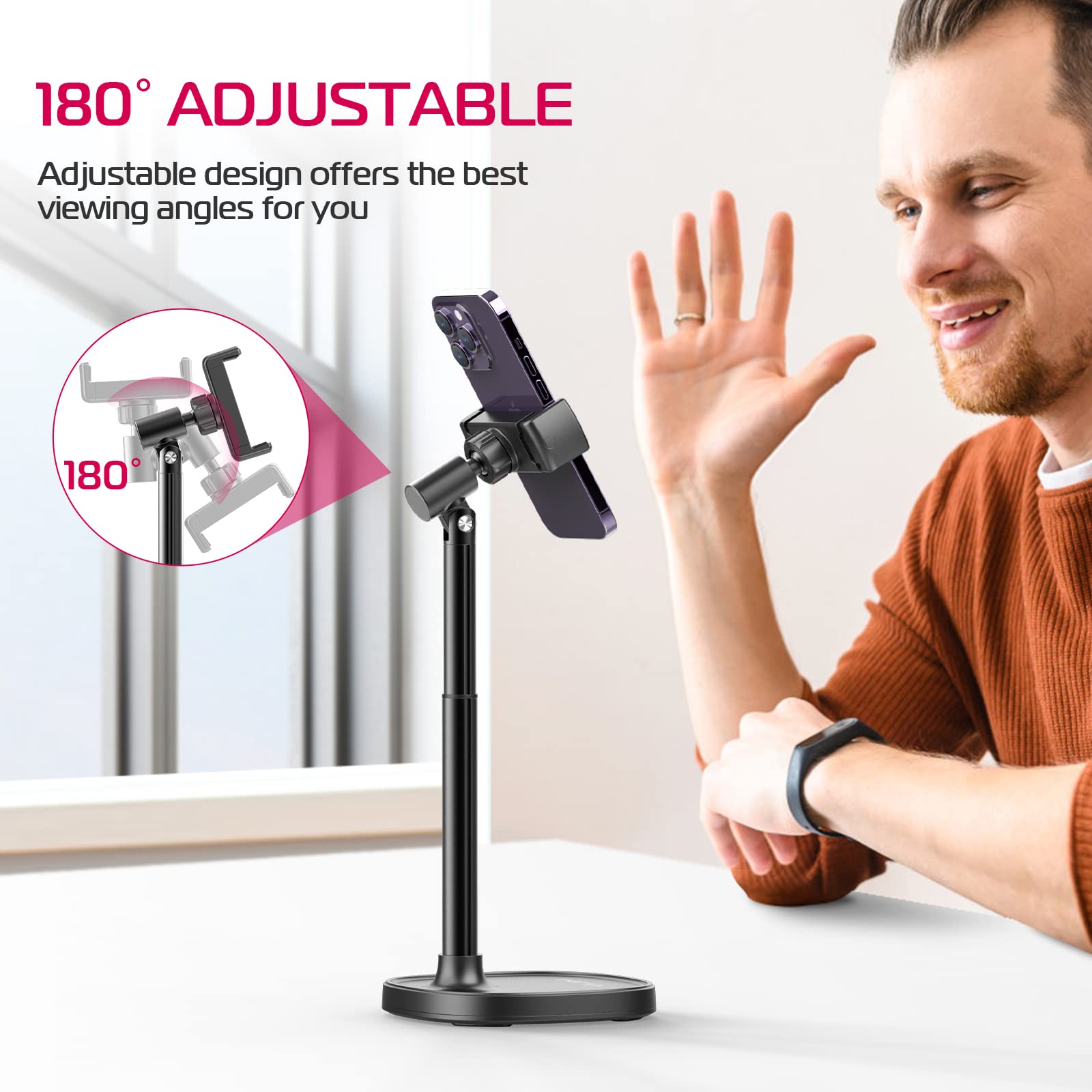 ULANZI Cell Phone Stand Mount for Desk, Vijim HP004 Adjustable Height & Angle Phone Holder, 360 Degree Rotating Desktop Phone Stand Compatible with iPhone, Samsung and All Phones - Medaid International