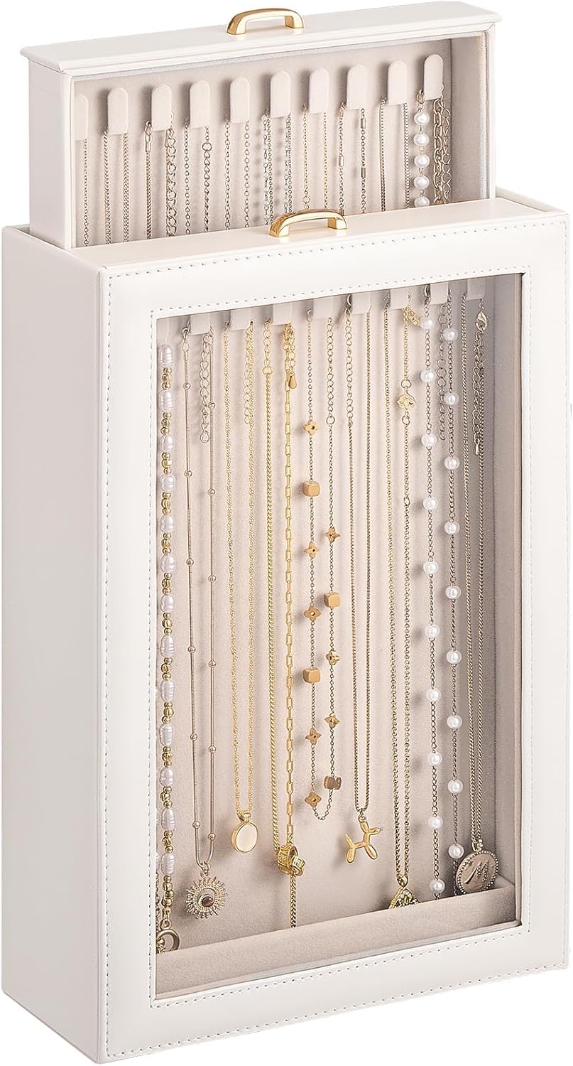 TERRIFI Necklace Organizer Box, Tangle Free Jewelry Storage Case with Clear Window and 20 Hooks, 2 Layer Necklace Bracelet Earring Display Holder for Women Girls Bedroom Dresser, White
