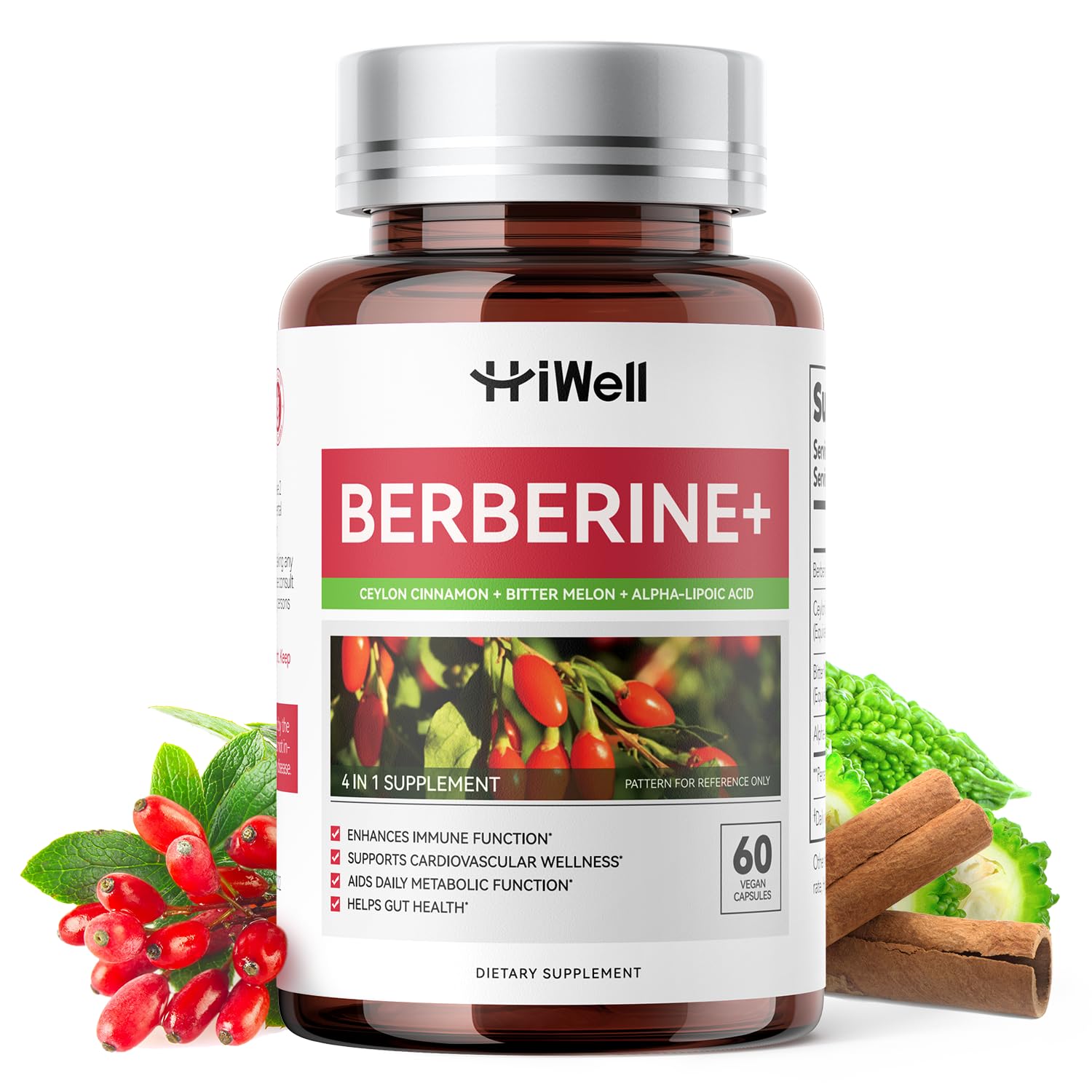 HiWell Berberine with Ceylon Cinnamon | Support Blood Sugar, Cholesterol Health & Immune* | Gluten-Free, Non-GMO & Vegan Berberine Supplement | 60 Capsules - Medaid International
