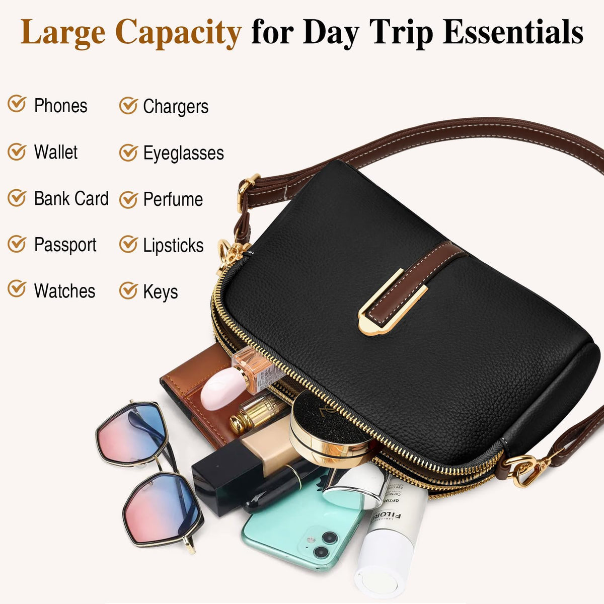Crossbody Bag for Women, Leather Handbag & Shoulder Bag with Adjustable Wide Strap