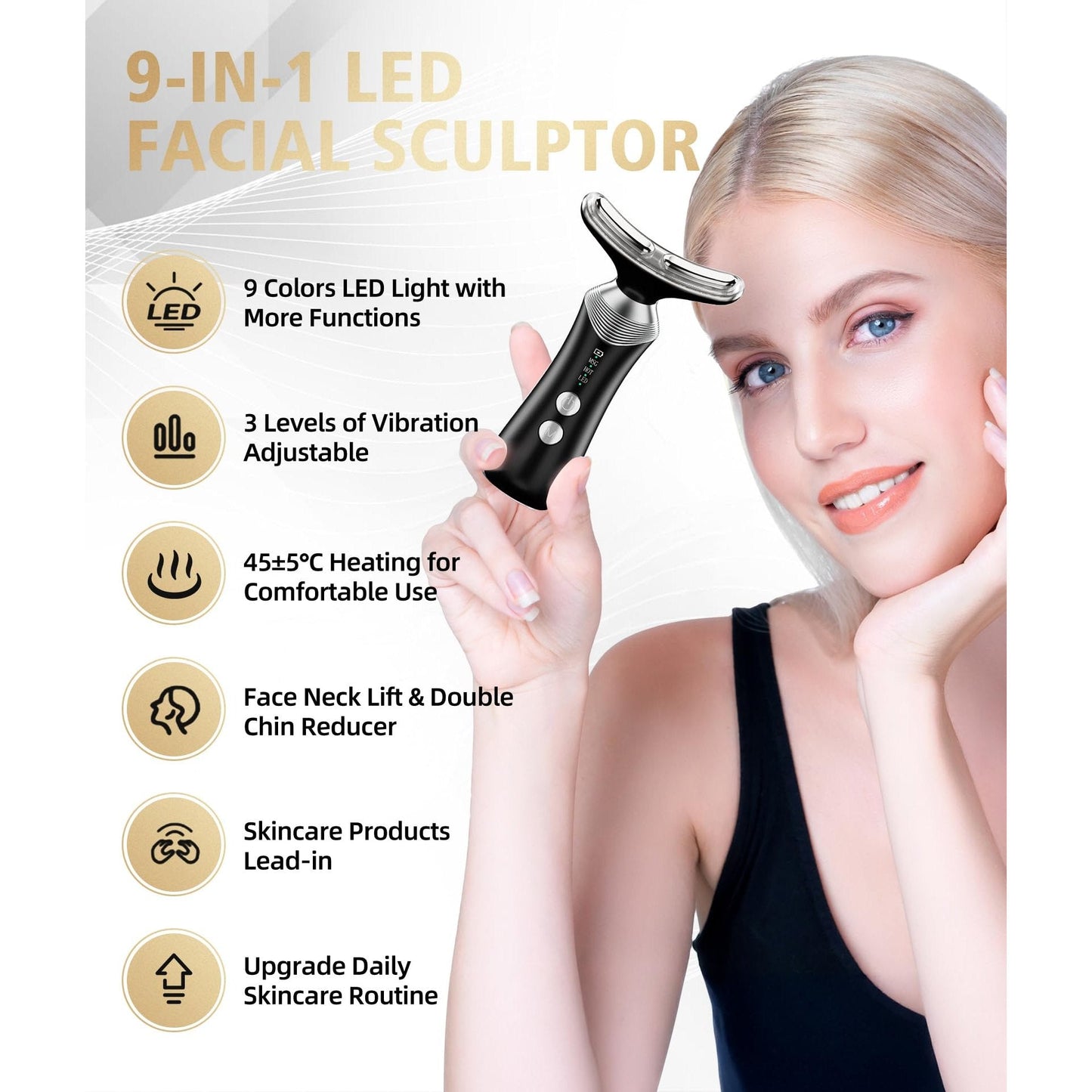 Dopsikn 9-in-1 Red-Light-Therapy-for-Face-and-Neck, Portable Facial Massager Tool with Adjustable Vibration & Thermals for Wrinkles, Double Chin, Black - Medaid International