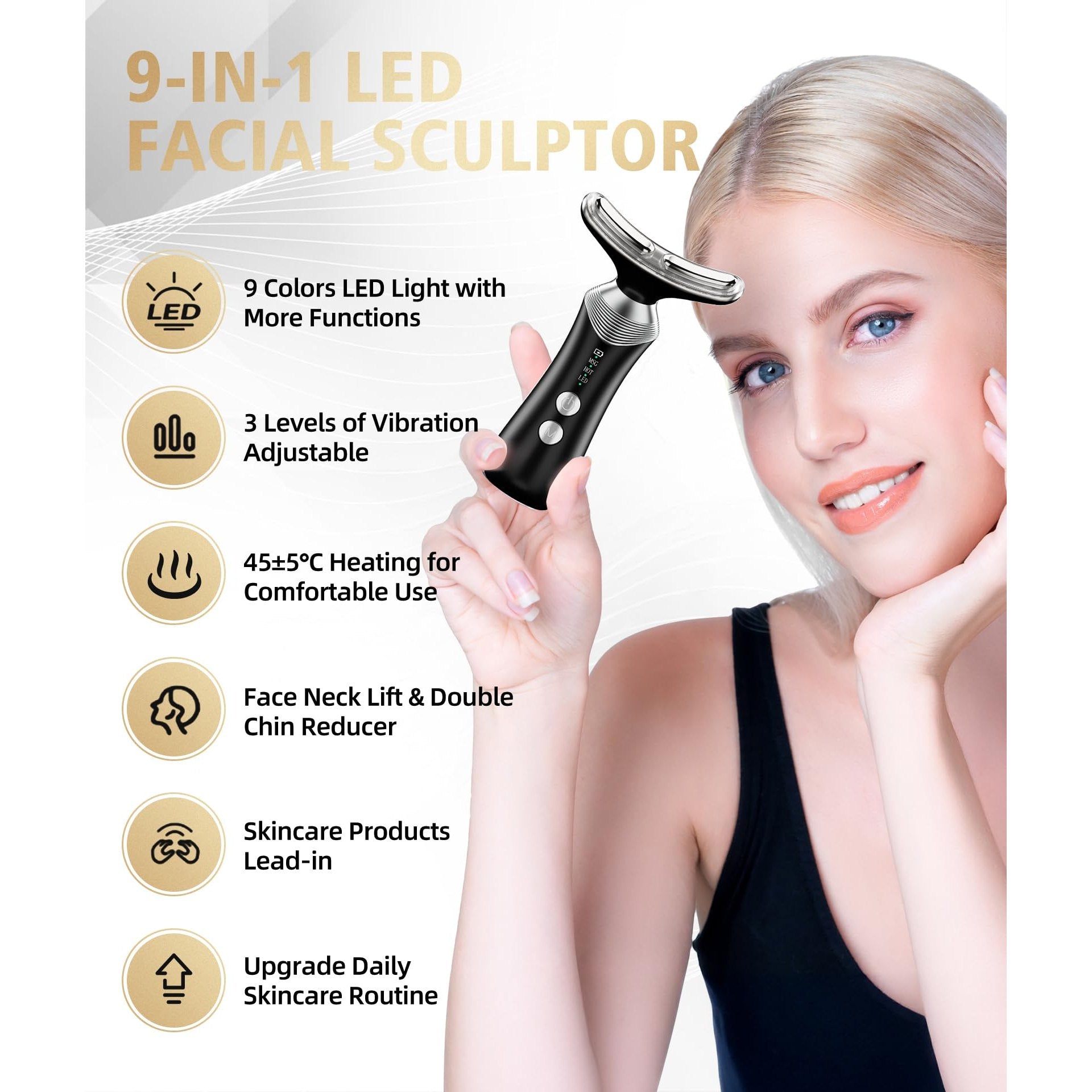 Dopsikn 9-in-1 Red-Light-Therapy-for-Face-and-Neck, Portable Facial Massager Tool with Adjustable Vibration & Thermals for Wrinkles, Double Chin, Black - Medaid International